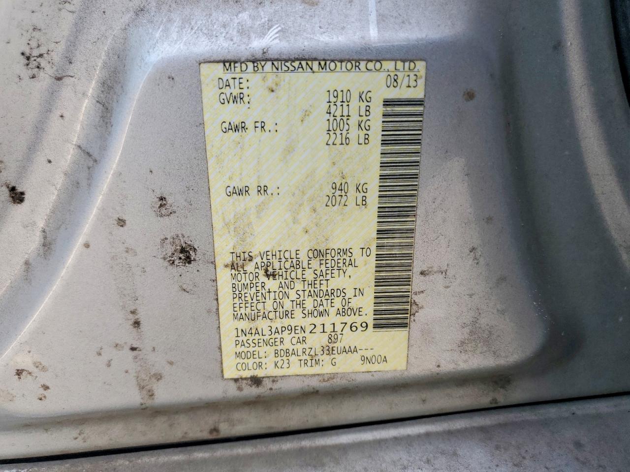 2014 Nissan Altima 2.5/s/sv/sl Silver vin: 1N4AL3AP9EN211769