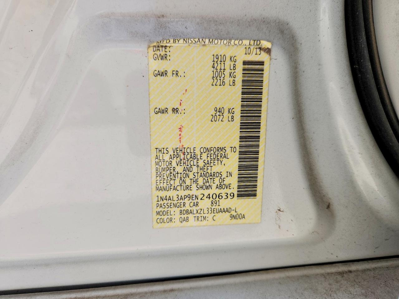 2014 Nissan Altima 2.5 Sl White vin: 1N4AL3AP9EN240639