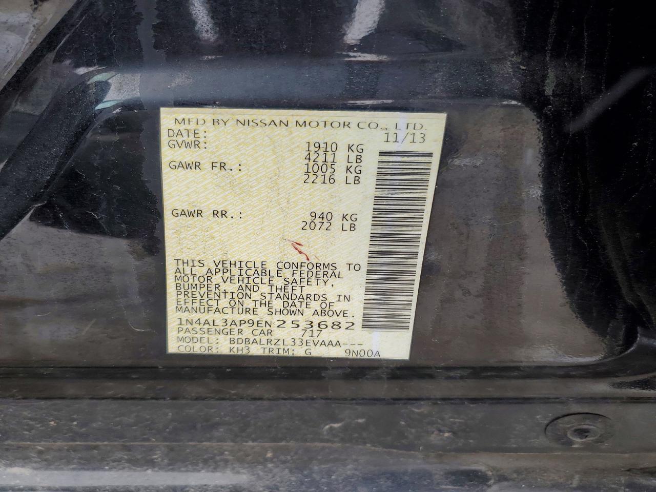 2014 Nissan Altima Black vin: 1N4AL3AP9EN253682