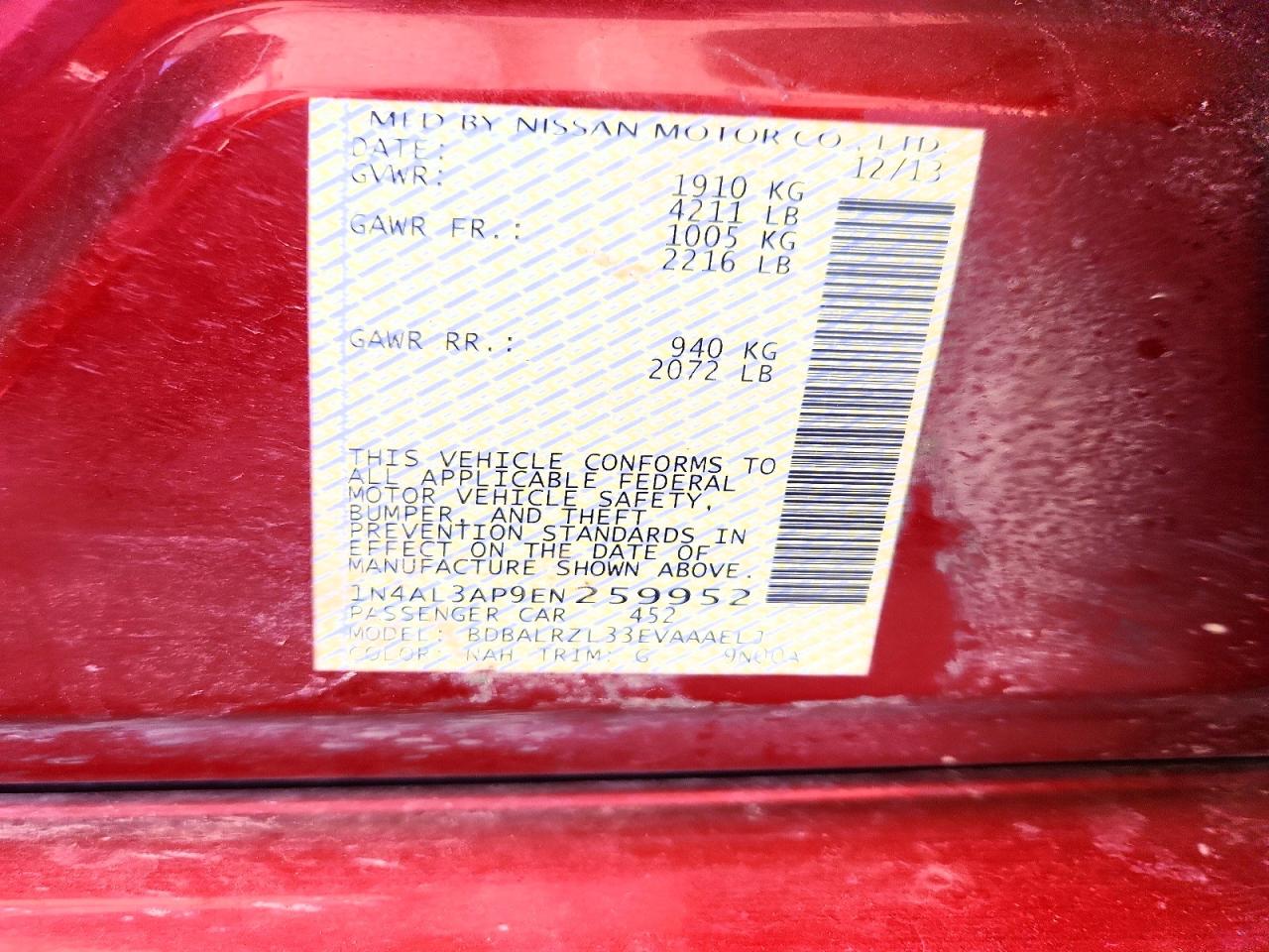 2014 Nissan Altima 2.5 S Red vin: 1N4AL3AP9EN259952