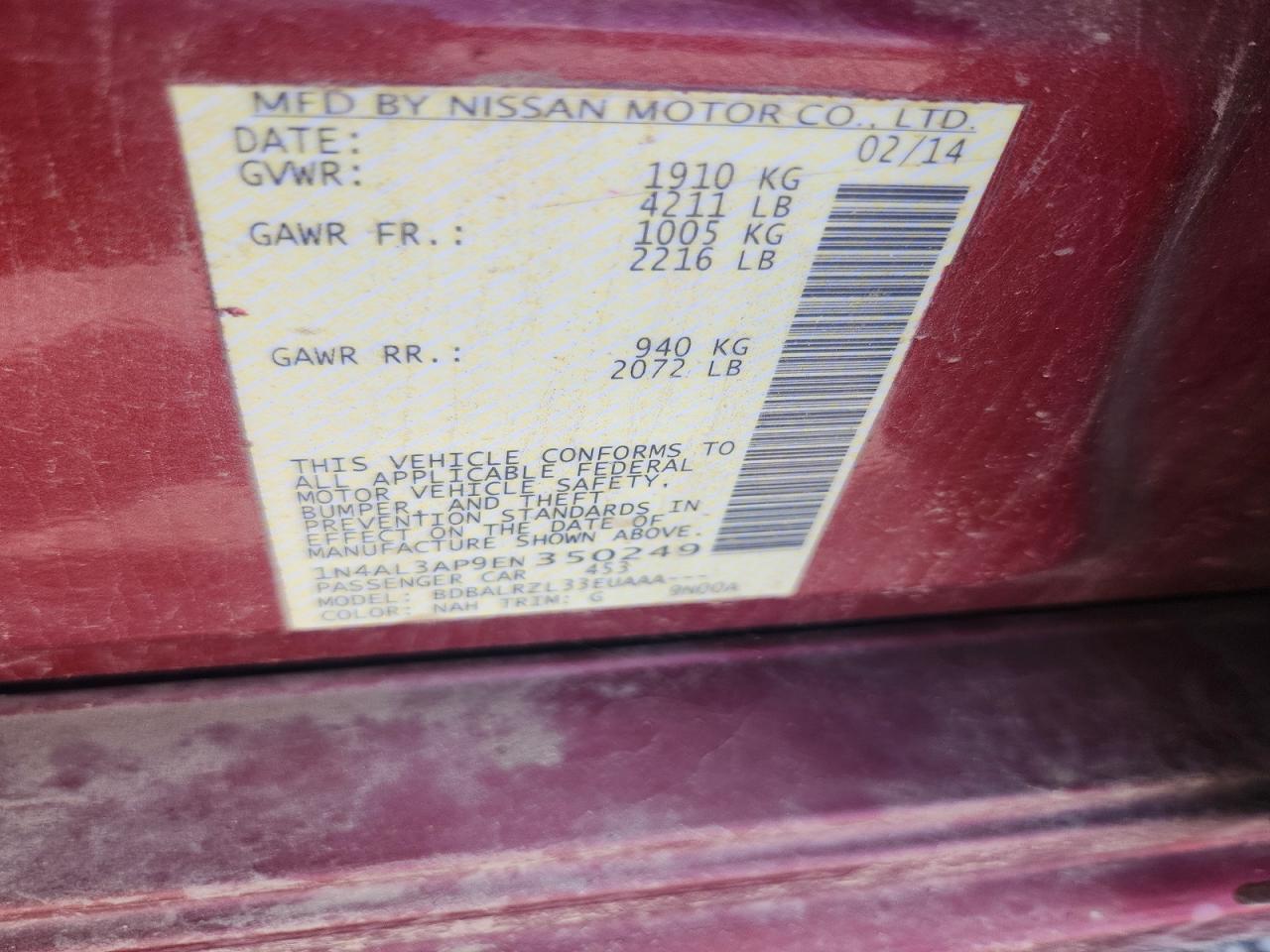 2014 Nissan Altima 2.5 S Red vin: 1N4AL3AP9EN350249