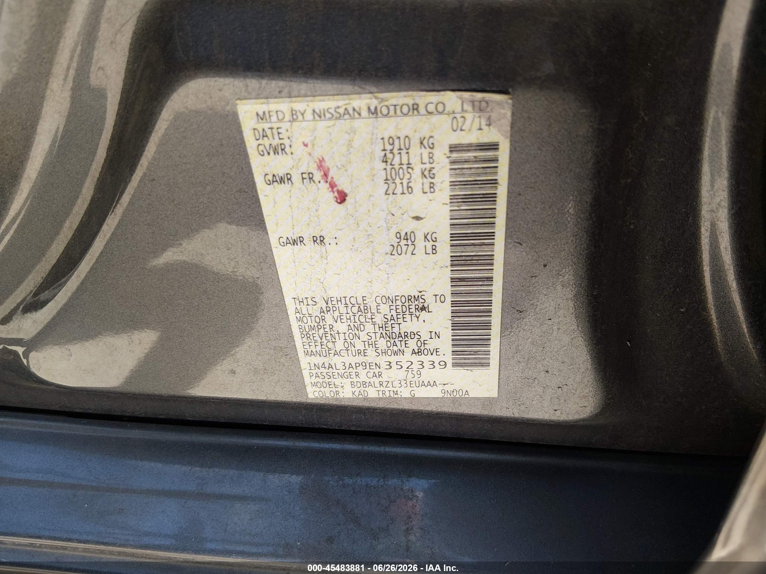 2014 Nissan Altima 2.5/2.5 S/2.5 Sl/2.5 Sv Gray vin: 1N4AL3AP9EN352339