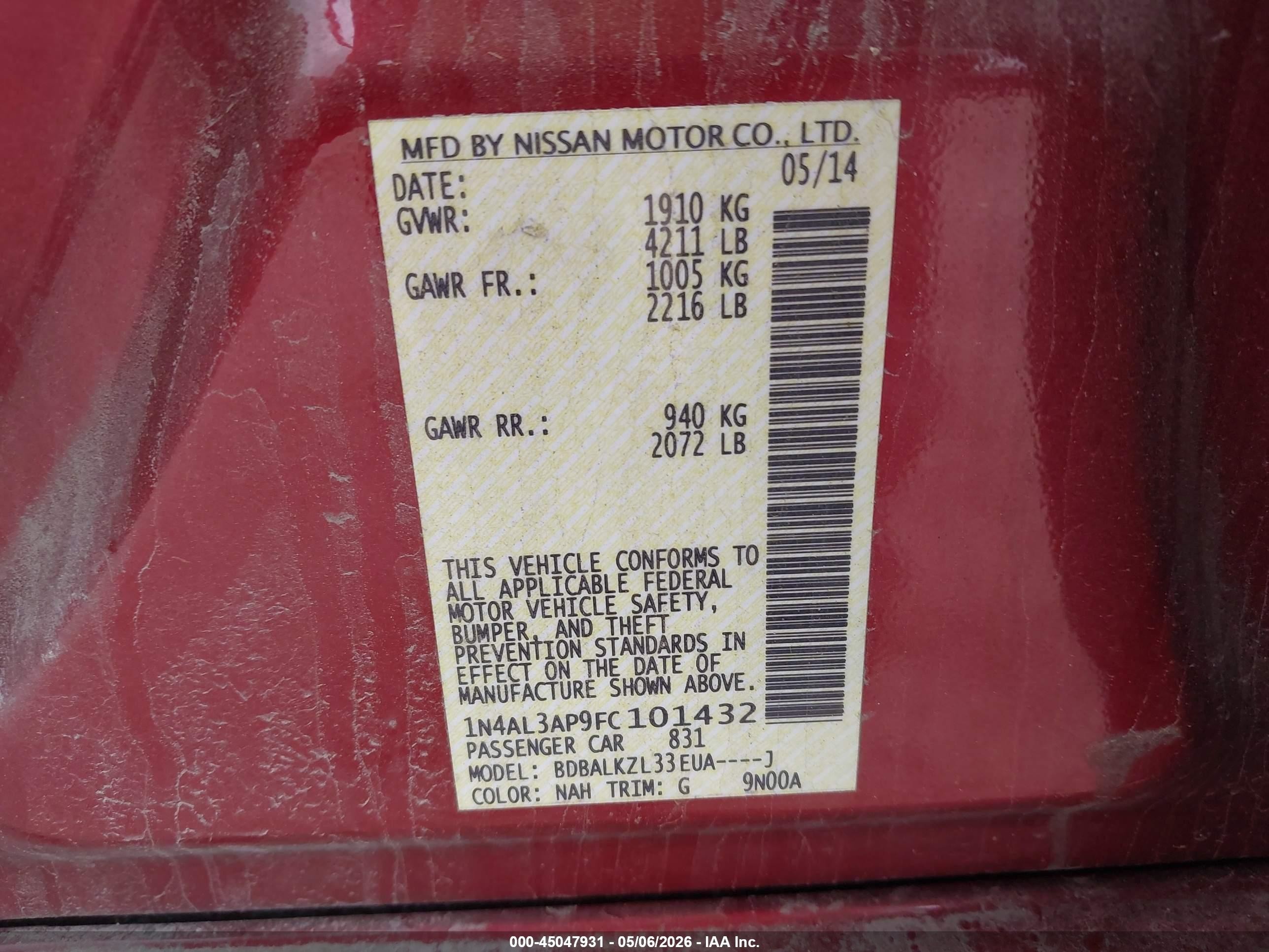 2015 Nissan Altima 2.5 Sv Red vin: 1N4AL3AP9FC101432