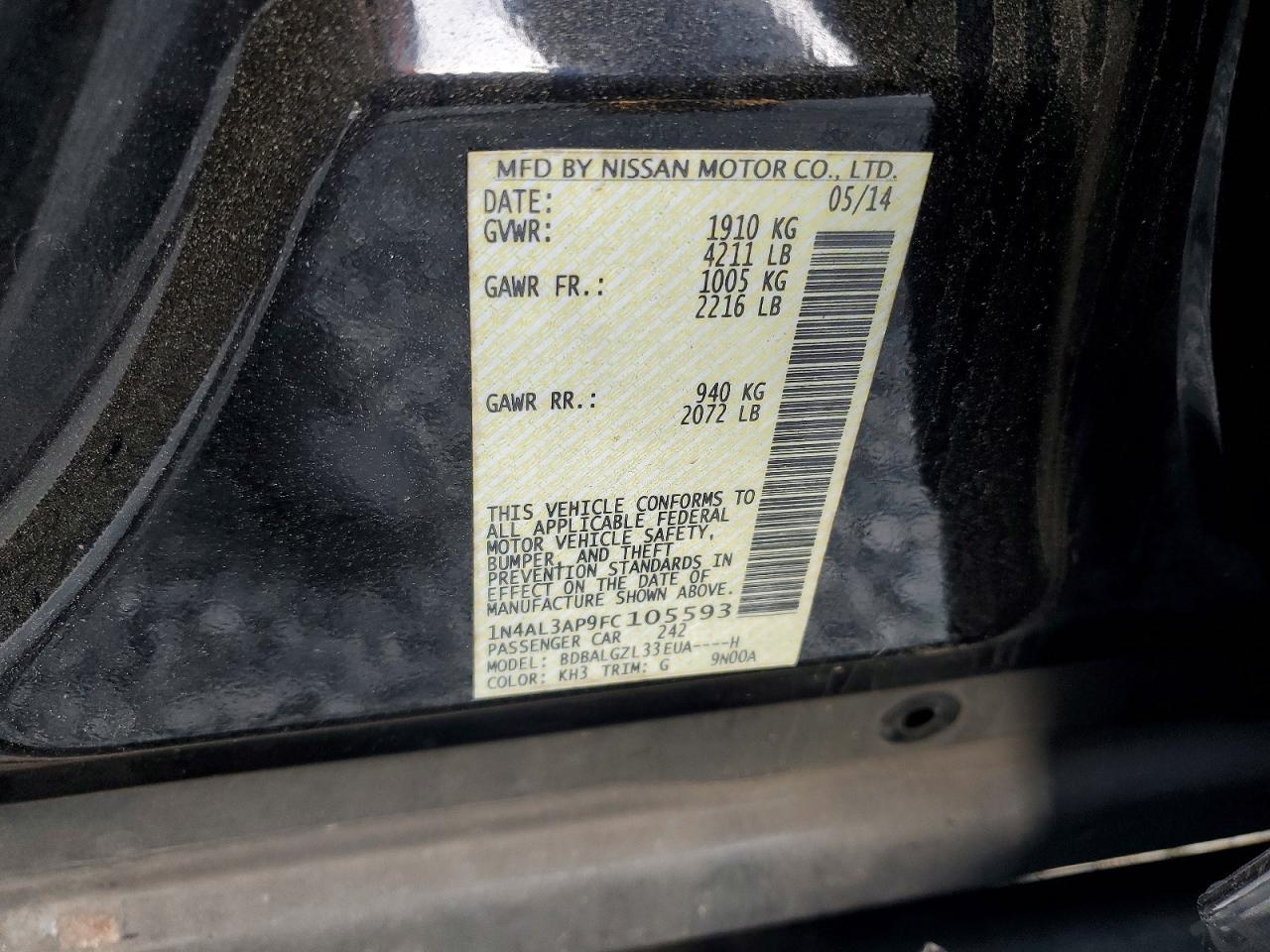 2015 Nissan Altima 2.5 S Black vin: 1N4AL3AP9FC105593