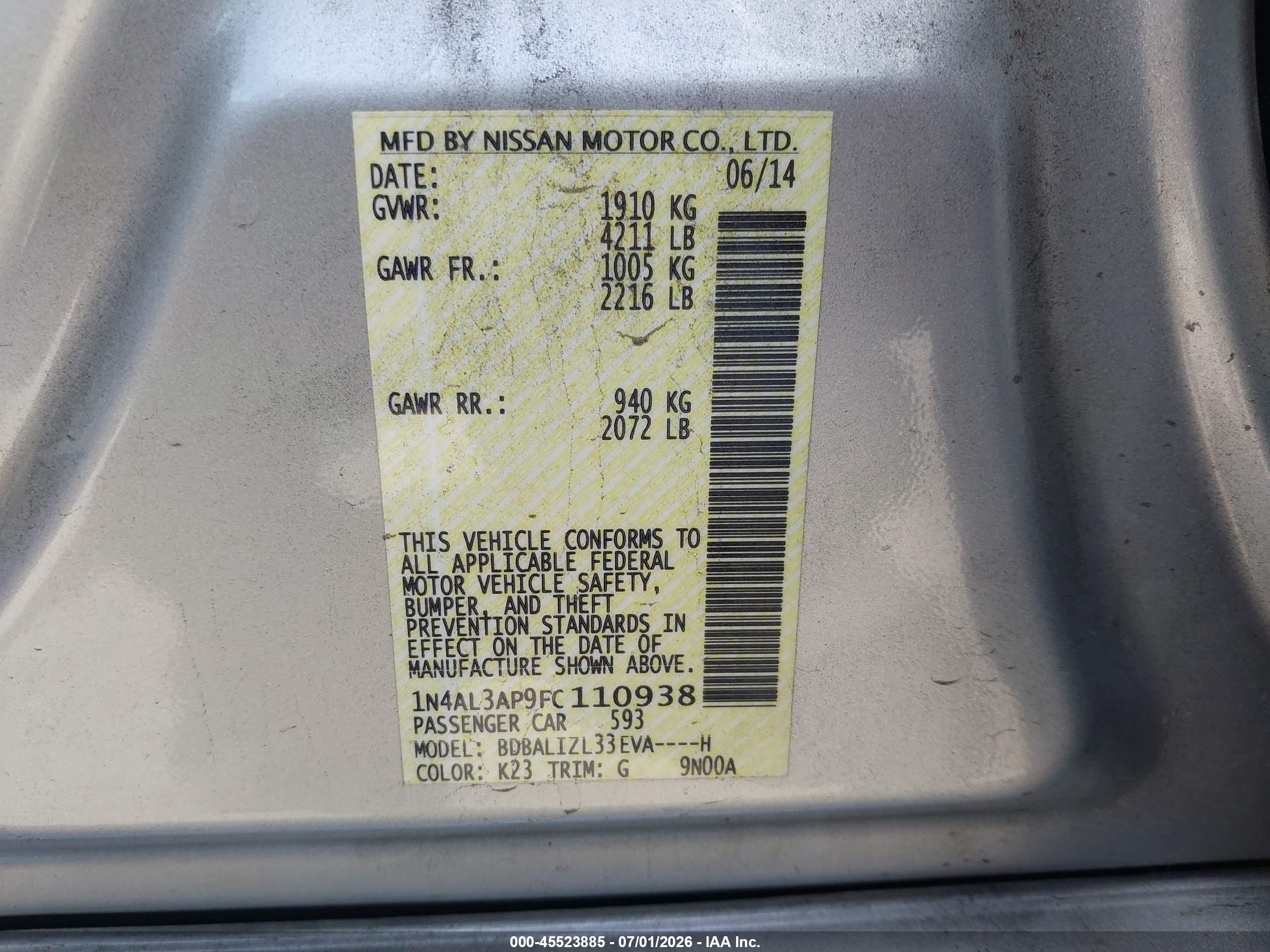 2015 Nissan Altima 2.5 Sv Silver vin: 1N4AL3AP9FC110938