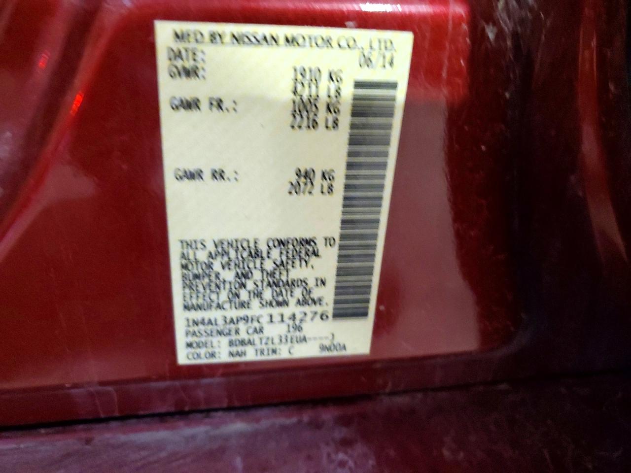 2015 Nissan Altima Red vin: 1N4AL3AP9FC114276