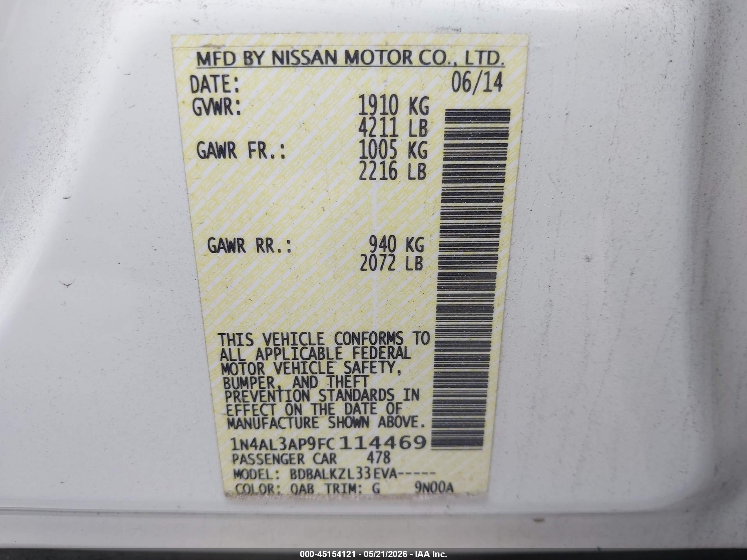 2015 Nissan Altima 2.5 Sv Белый vin: 1N4AL3AP9FC114469
