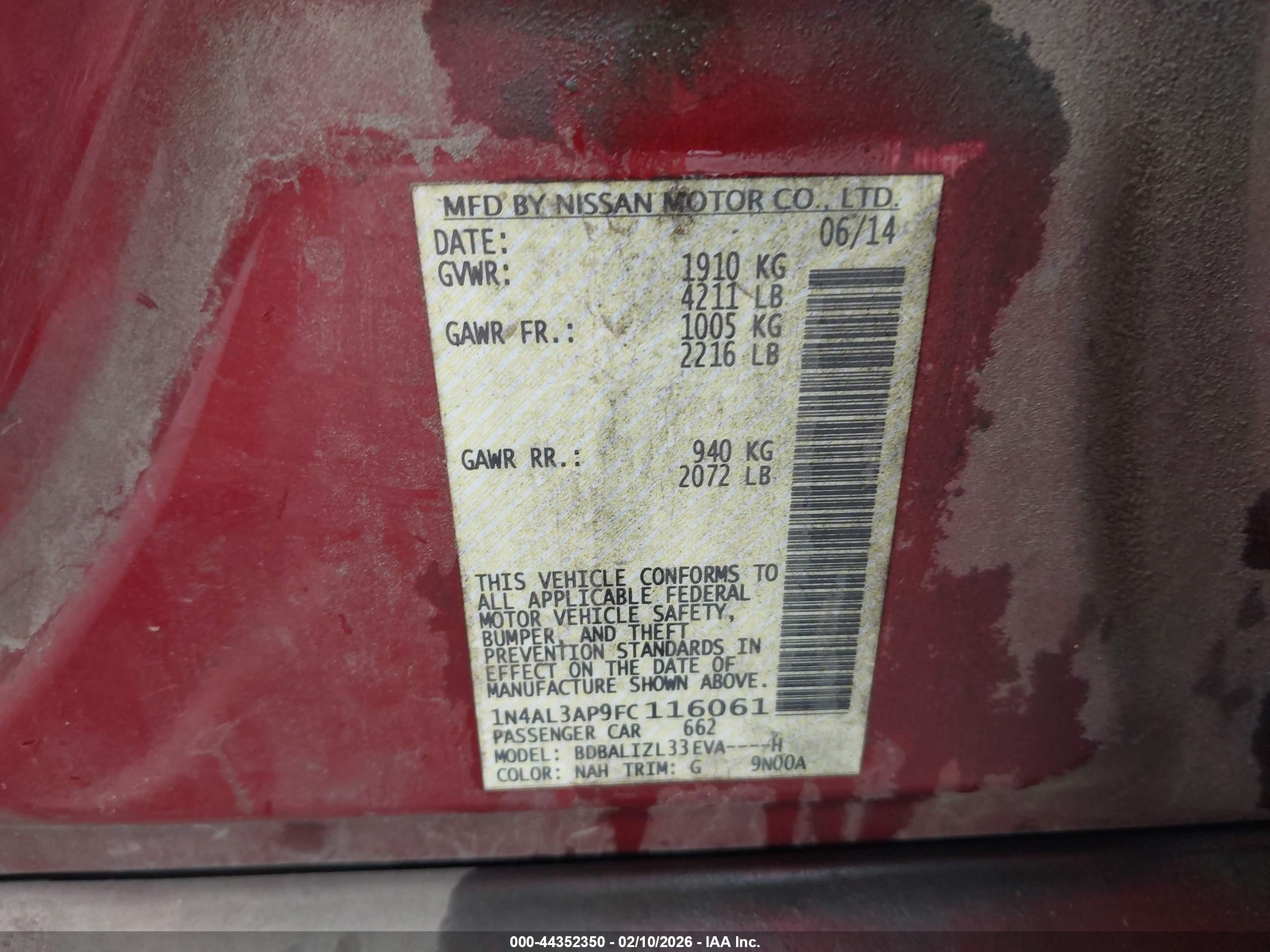 2015 Nissan Altima 2.5 Sv Red vin: 1N4AL3AP9FC116061