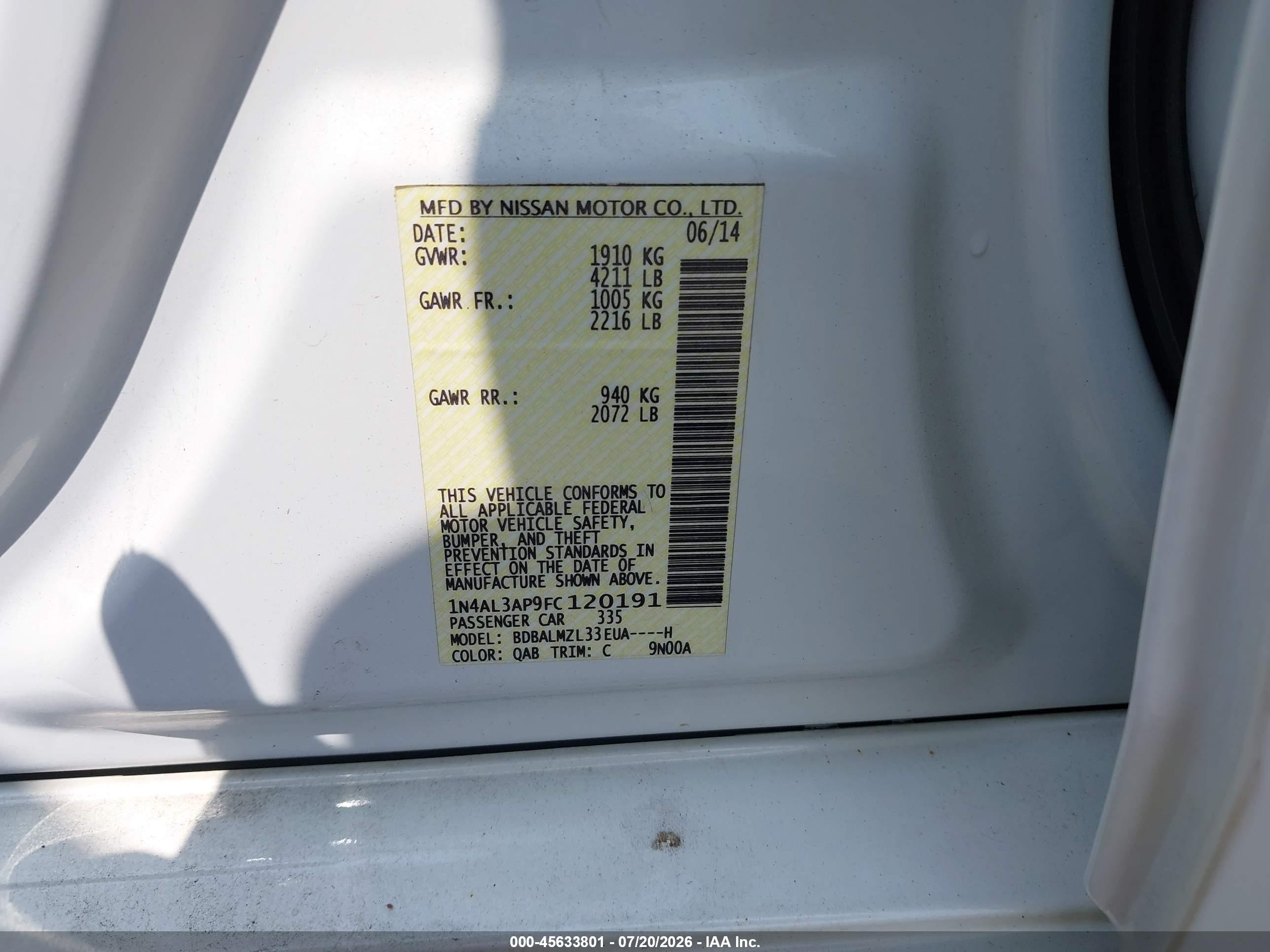 2015 Nissan Altima 2.5 Sv White vin: 1N4AL3AP9FC120191