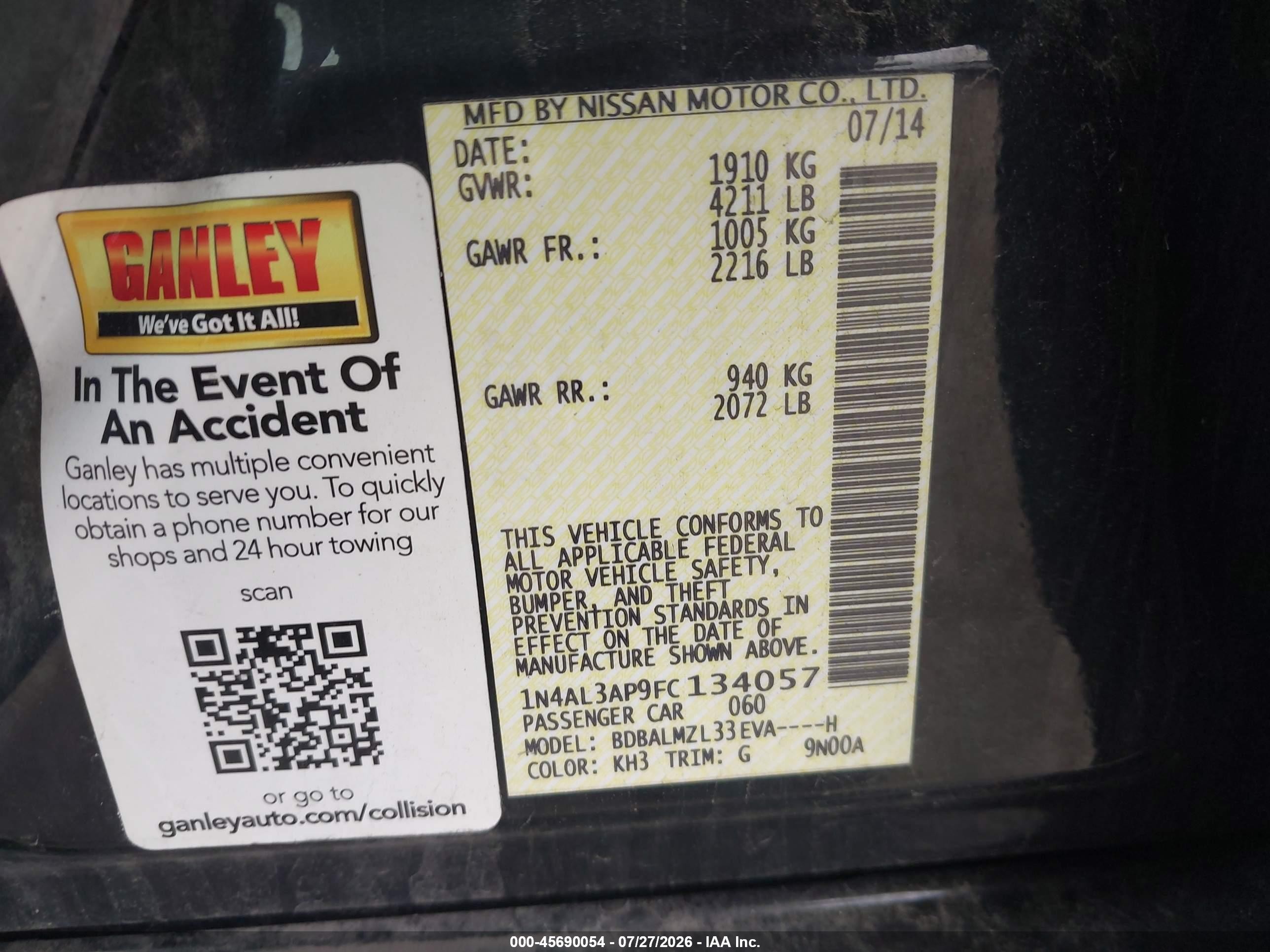 2015 Nissan Altima 2.5 Sv Black vin: 1N4AL3AP9FC134057
