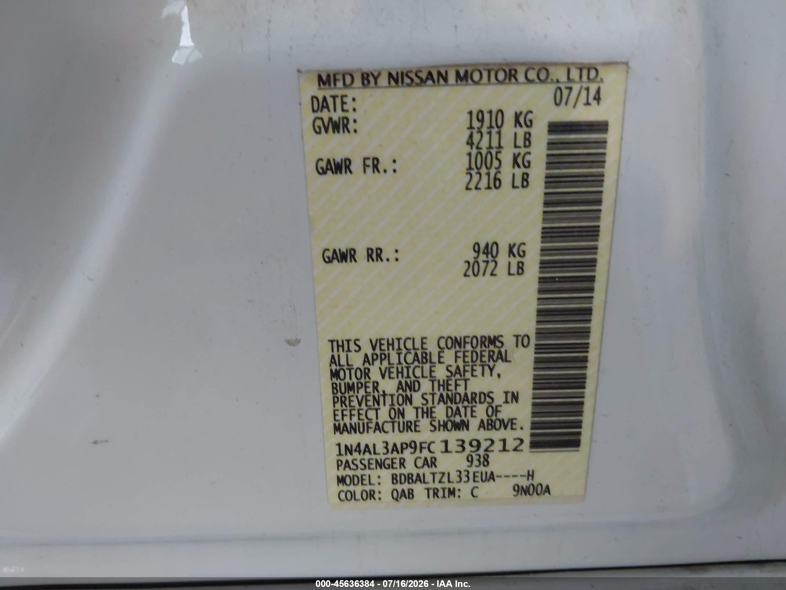 2015 Nissan Altima 2.5 Sl White vin: 1N4AL3AP9FC139212