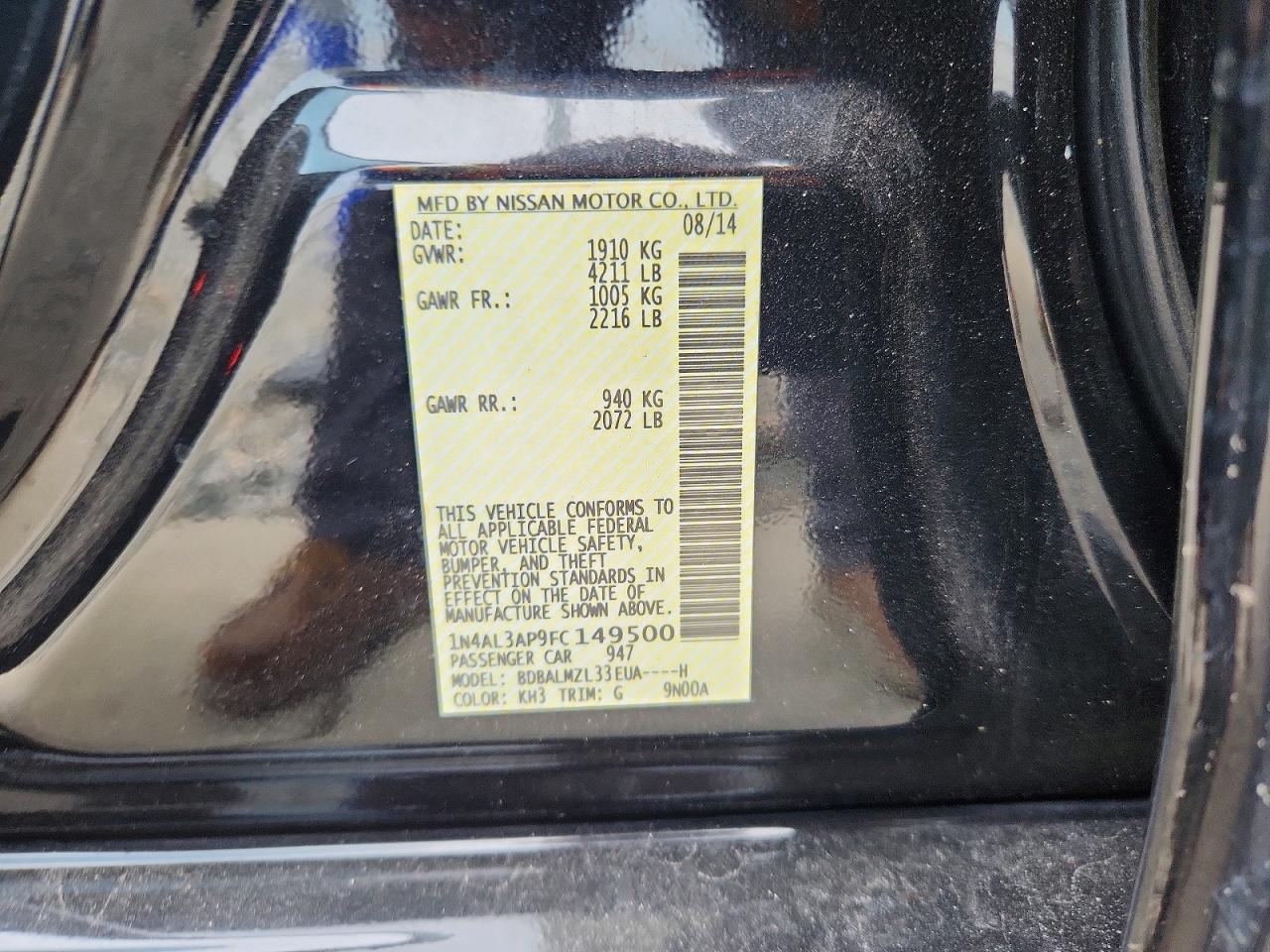 2015 Nissan Altima 2.5 Sv Black vin: 1N4AL3AP9FC149500