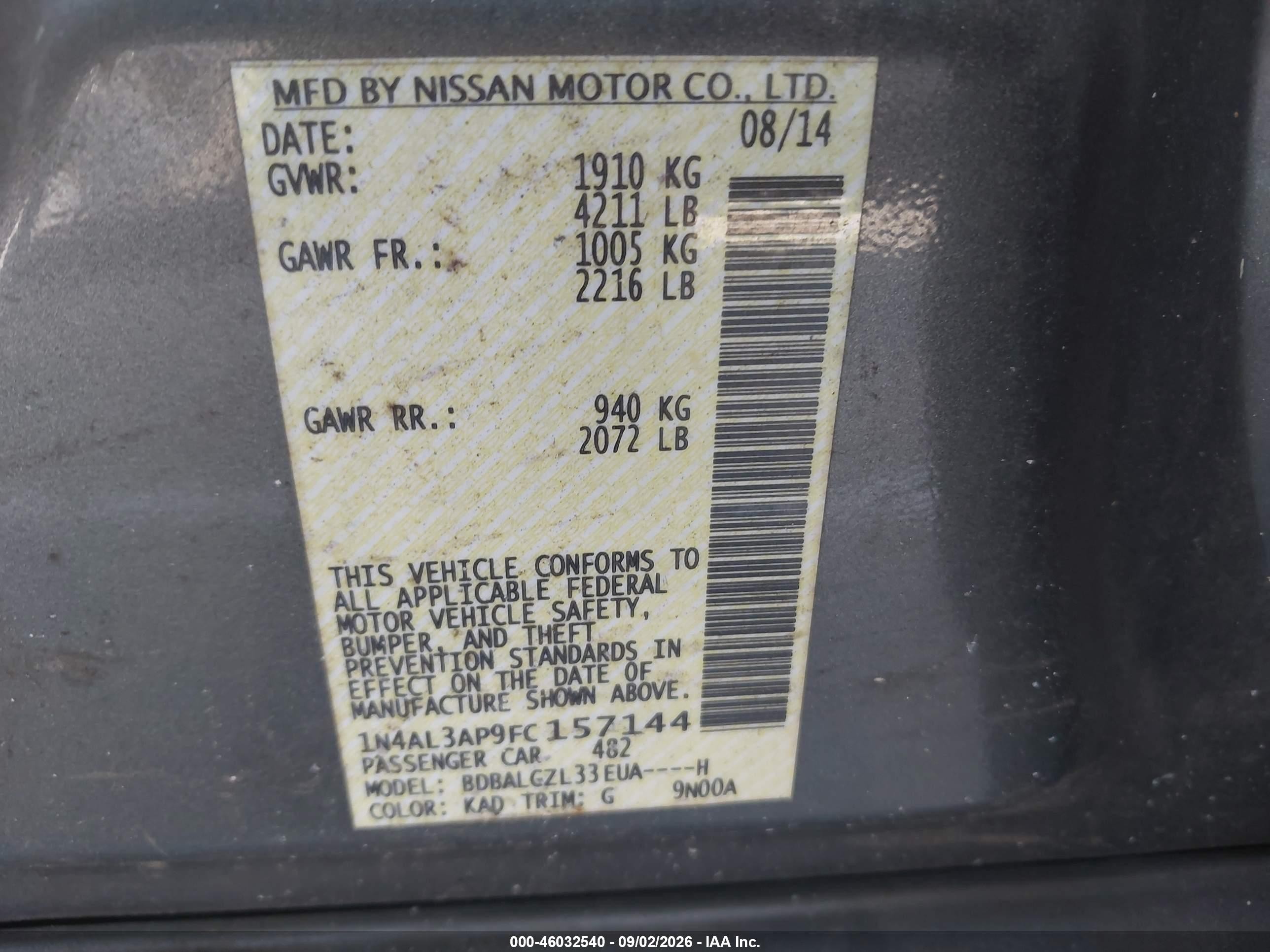 2015 Nissan Altima 2.5 S Black vin: 1N4AL3AP9FC157144