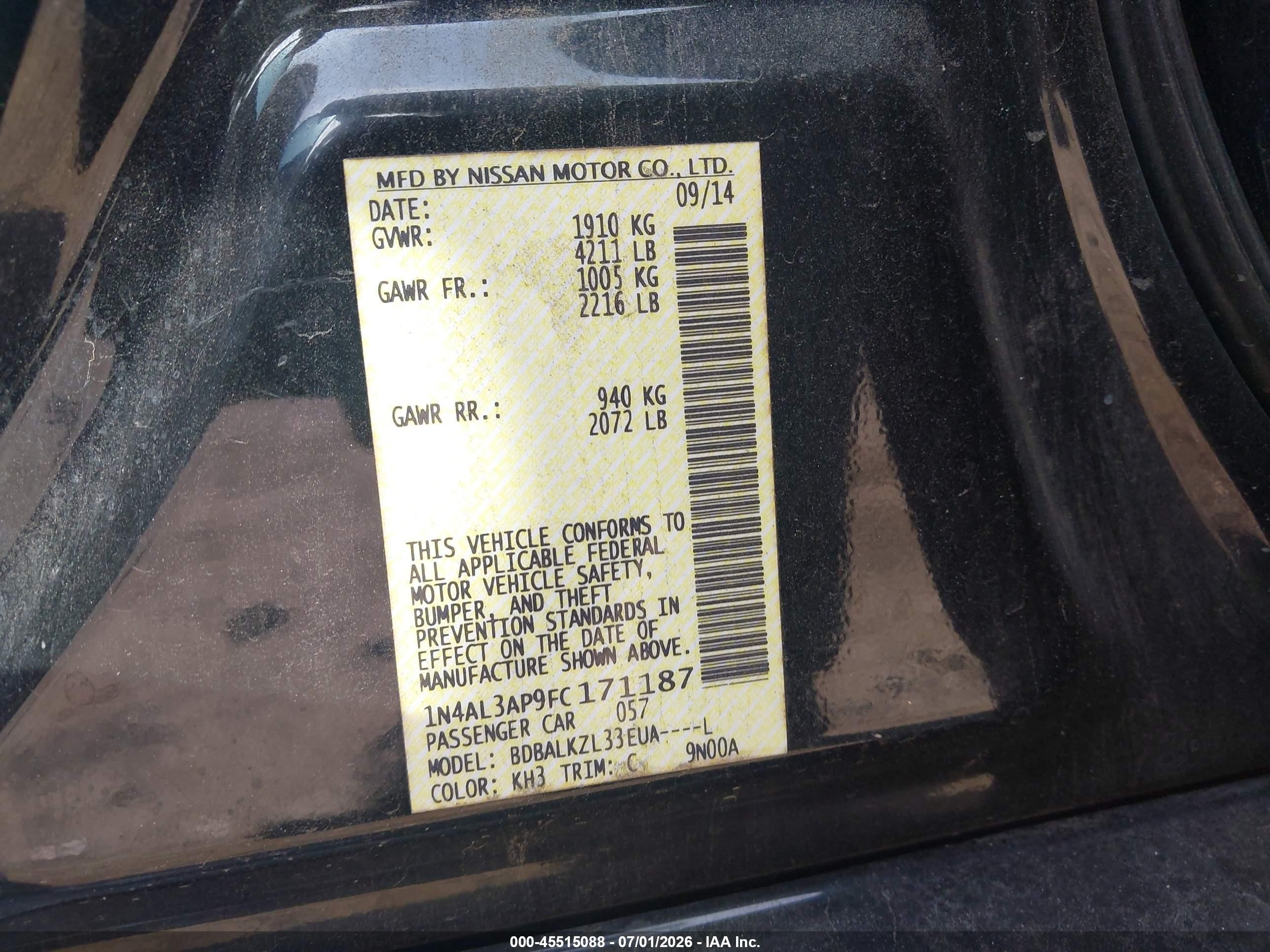 2015 Nissan Altima 2.5 Sv Black vin: 1N4AL3AP9FC171187