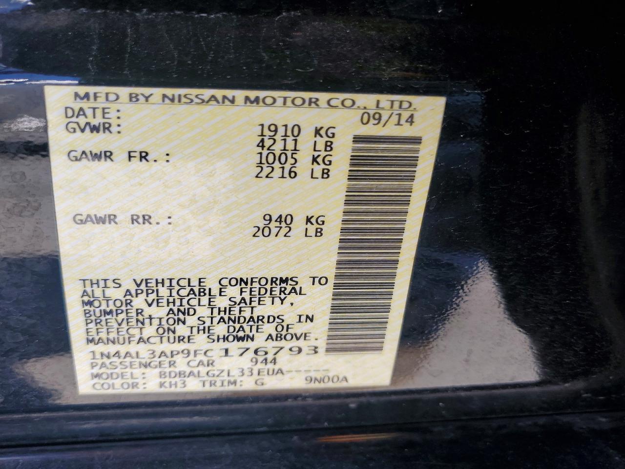 2015 Nissan Altima 2.5 S Black vin: 1N4AL3AP9FC176793