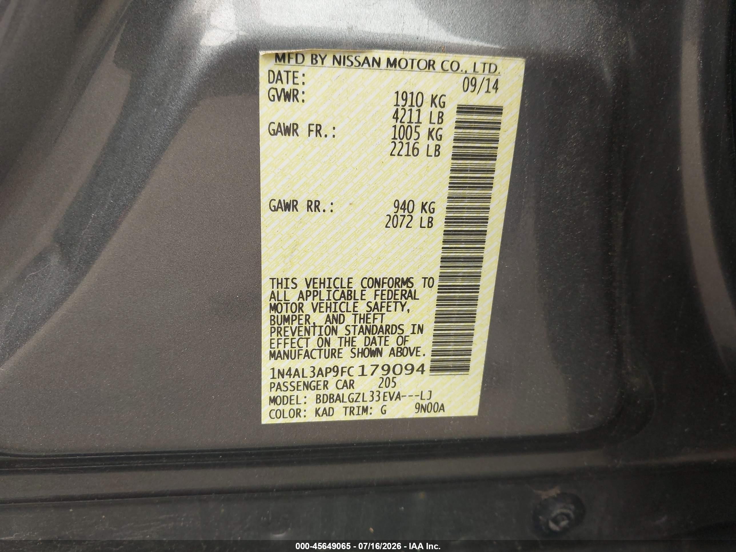 2015 Nissan Altima 2.5 S Gray vin: 1N4AL3AP9FC179094