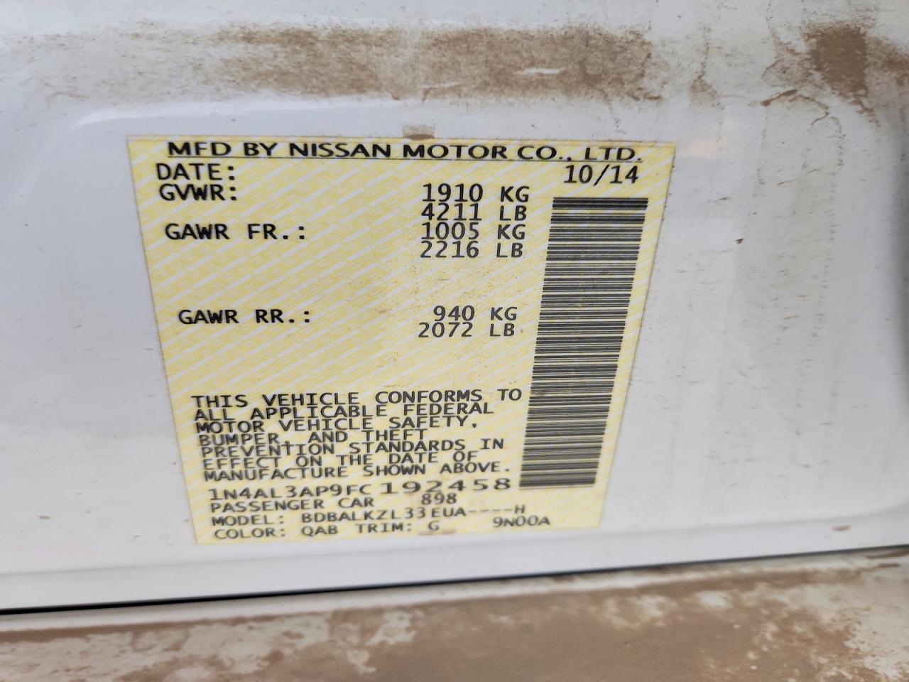 2015 Nissan Altima 2.5 Sv White vin: 1N4AL3AP9FC192458
