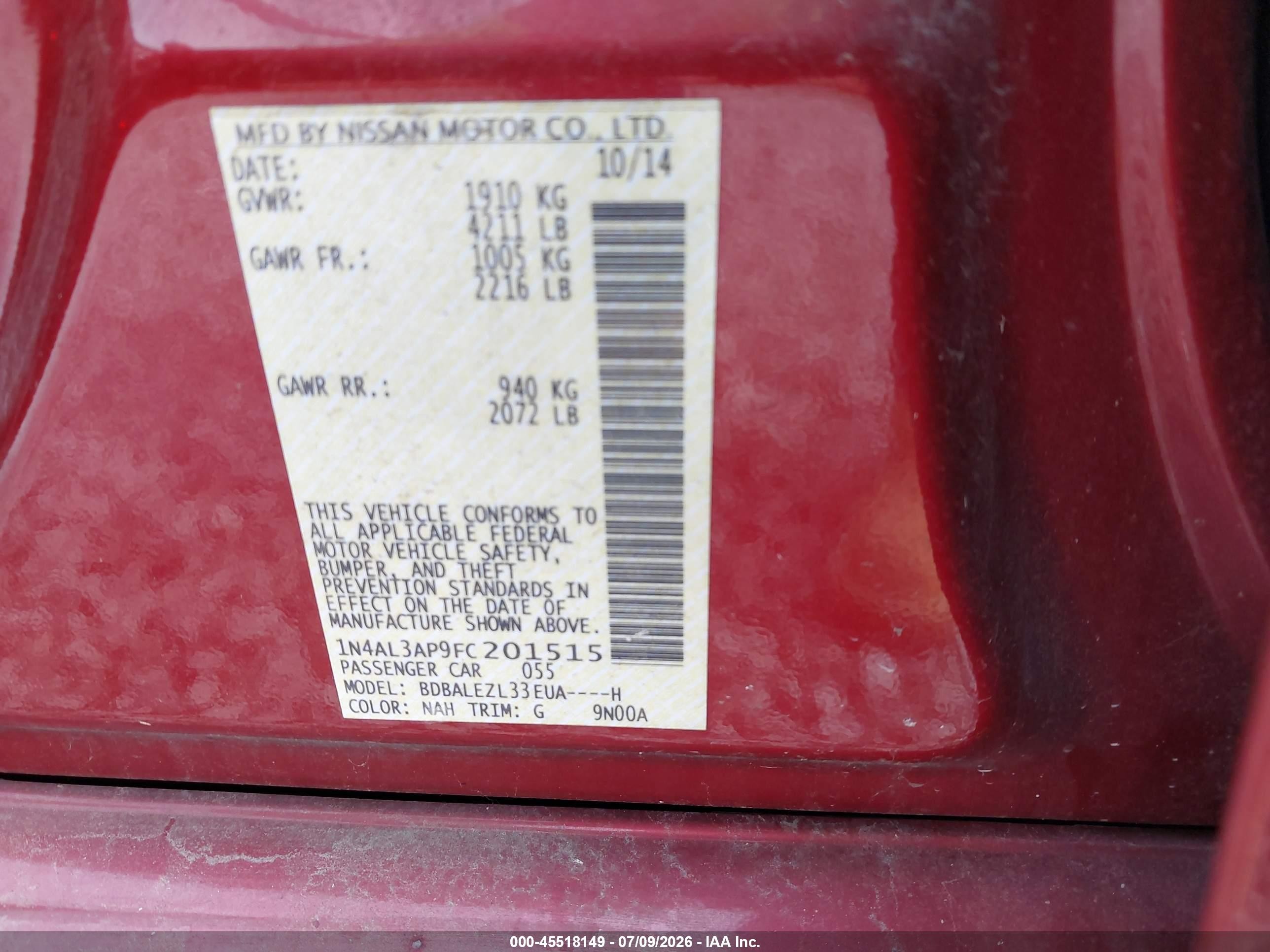 2015 Nissan Altima 2.5 S Red vin: 1N4AL3AP9FC201515
