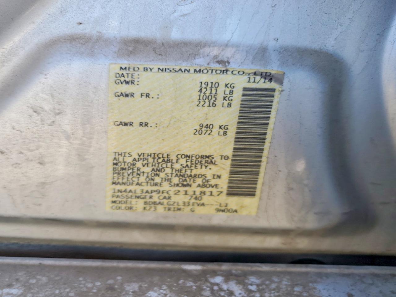 2015 Nissan Altima 2.5 S Silver vin: 1N4AL3AP9FC211817