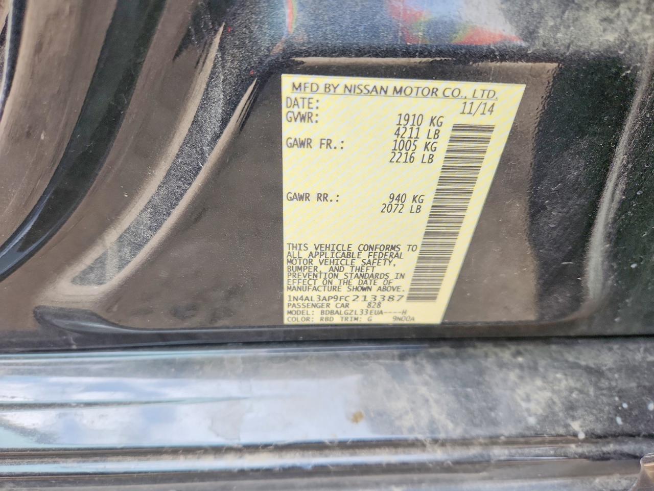 2015 Nissan Altima 2.5 S Угольный vin: 1N4AL3AP9FC213387