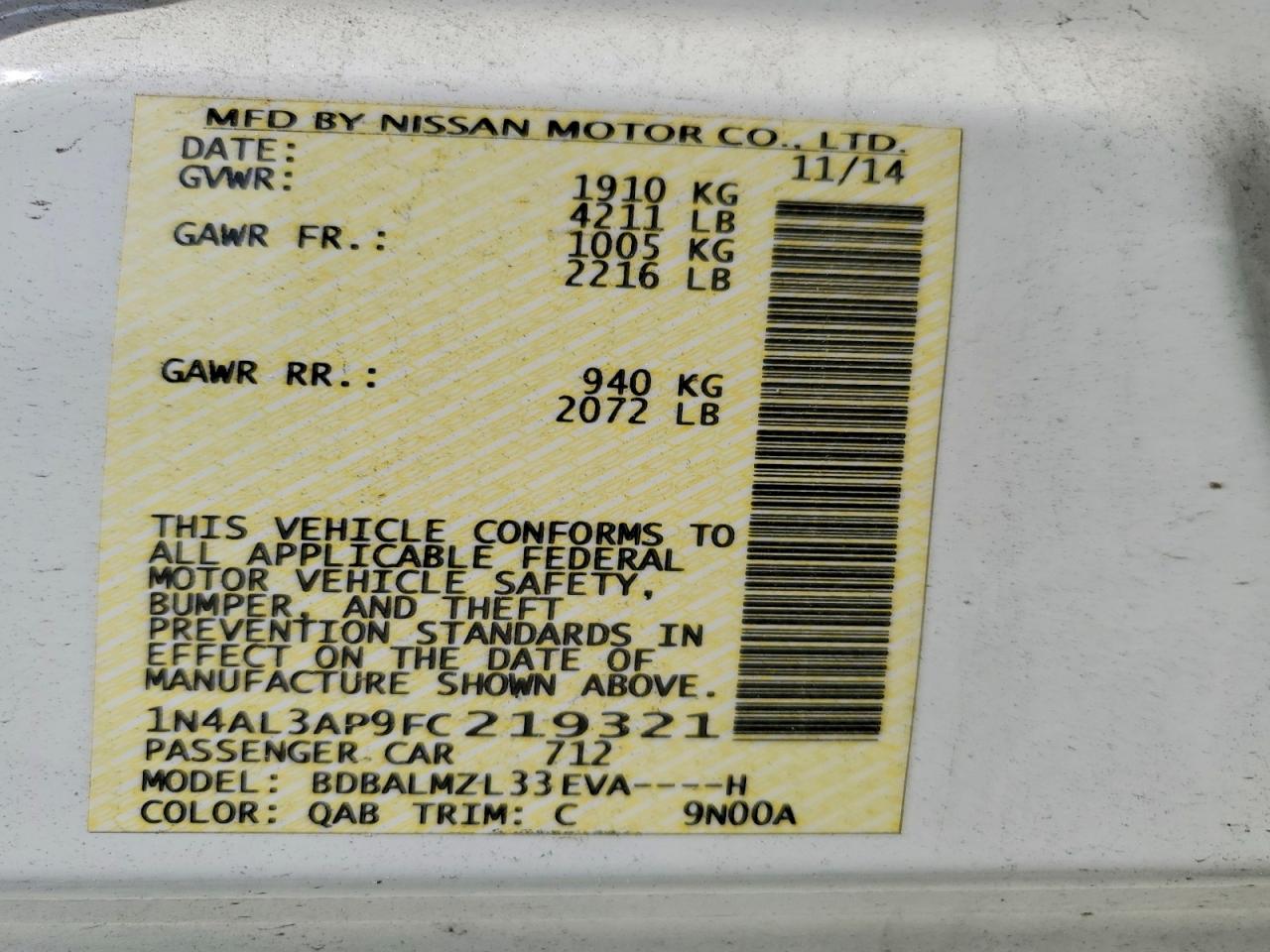 2015 Nissan Altima 2.5 Sv White vin: 1N4AL3AP9FC219321