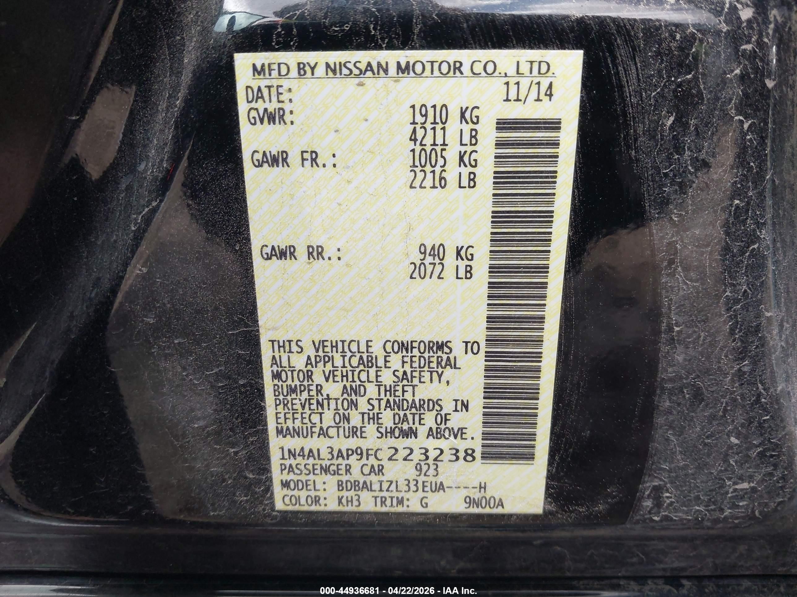 2015 Nissan Altima 2.5 Sv Black vin: 1N4AL3AP9FC223238