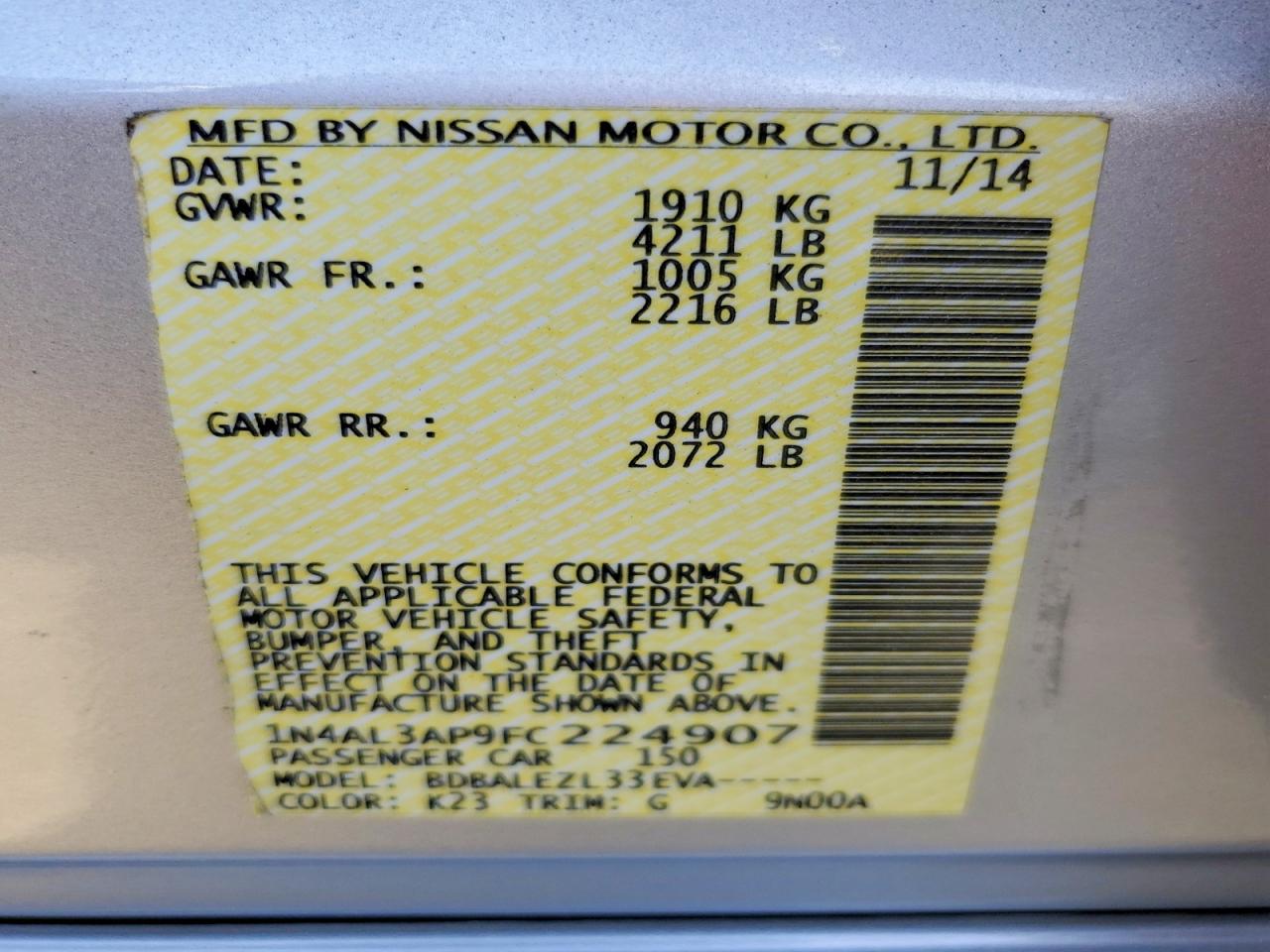 2015 Nissan Altima 2.5 S Silver vin: 1N4AL3AP9FC224907