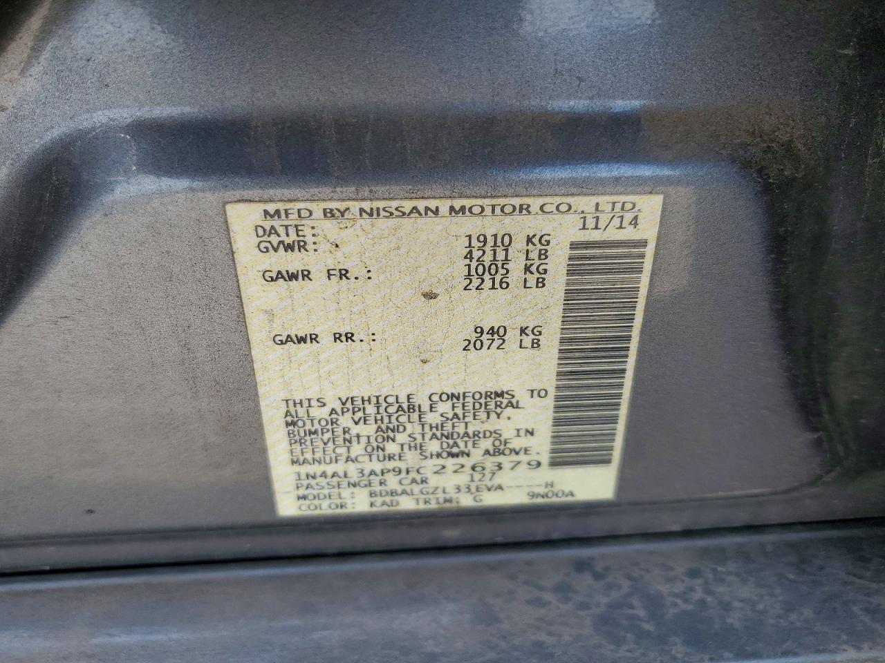 2015 Nissan Altima 2.5 S Gray vin: 1N4AL3AP9FC226379