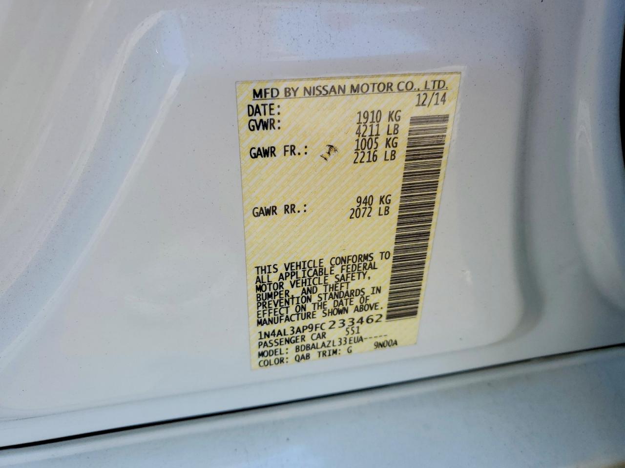 2015 Nissan Altima 2.5 White vin: 1N4AL3AP9FC233462