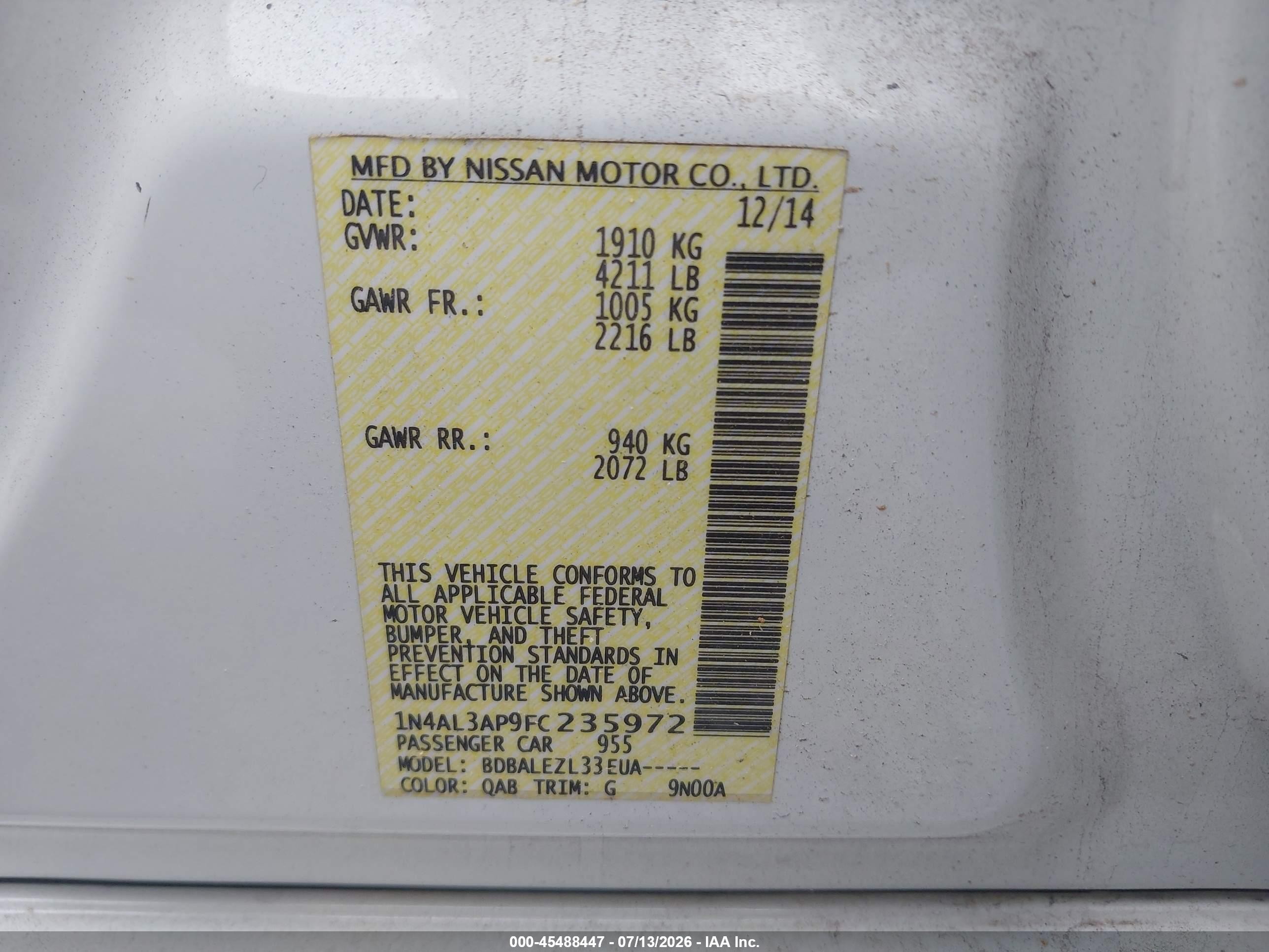 2015 Nissan Altima 2.5/2.5 S/2.5 Sl/2.5 Sv White vin: 1N4AL3AP9FC235972