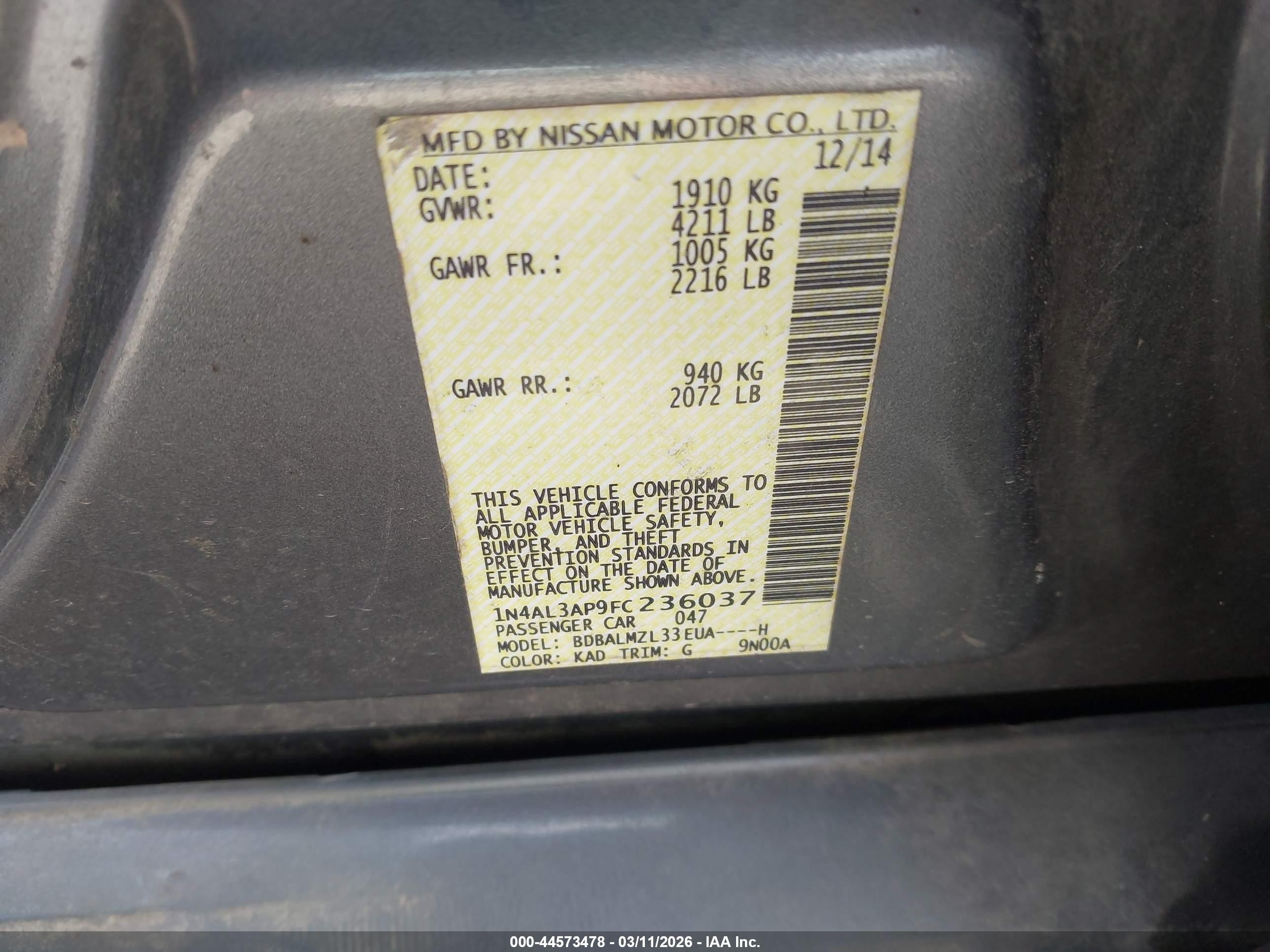 2015 Nissan Altima 2.5 Sv Серый vin: 1N4AL3AP9FC236037