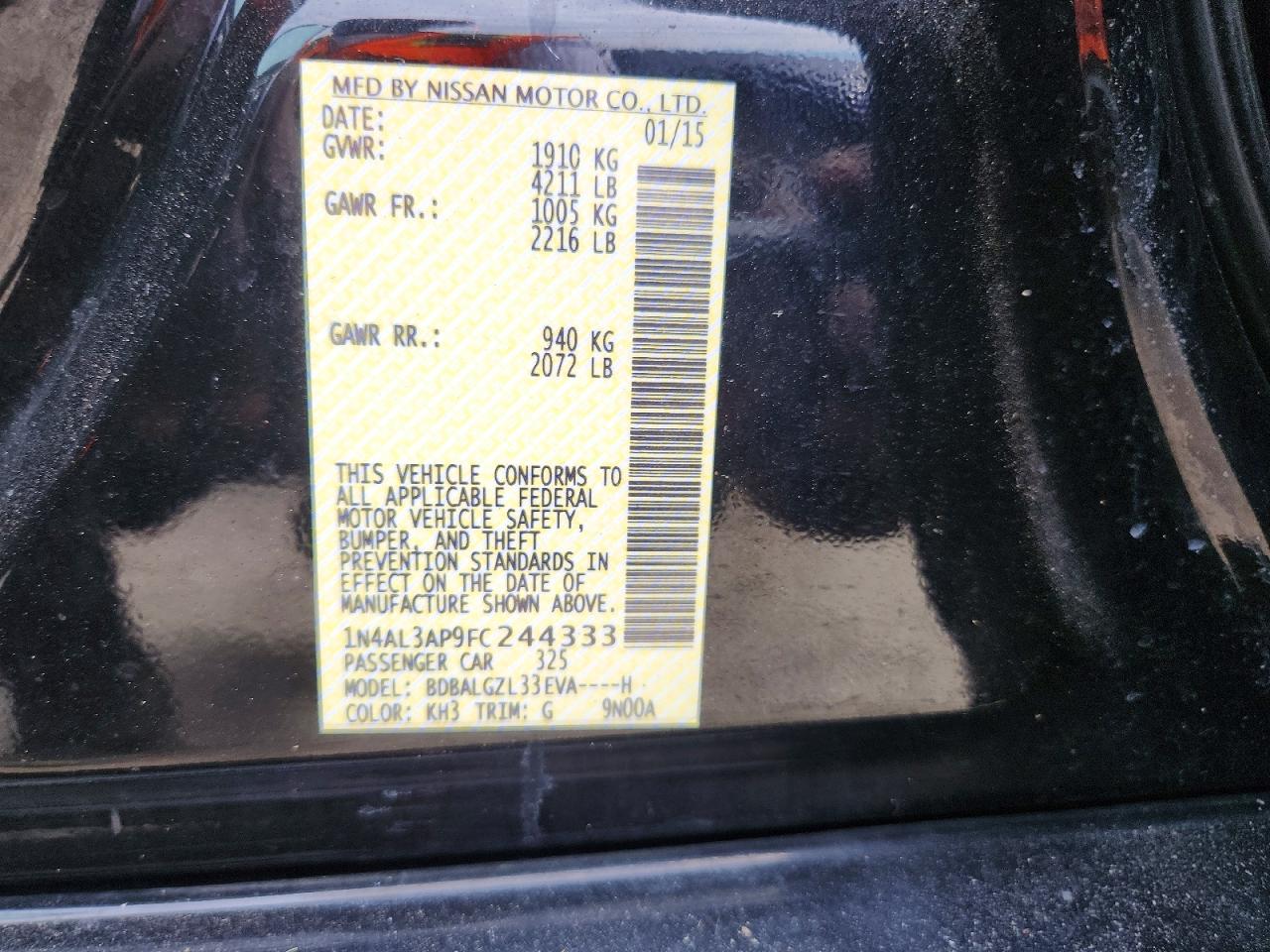2015 Nissan Altima 2.5 S Black vin: 1N4AL3AP9FC244333