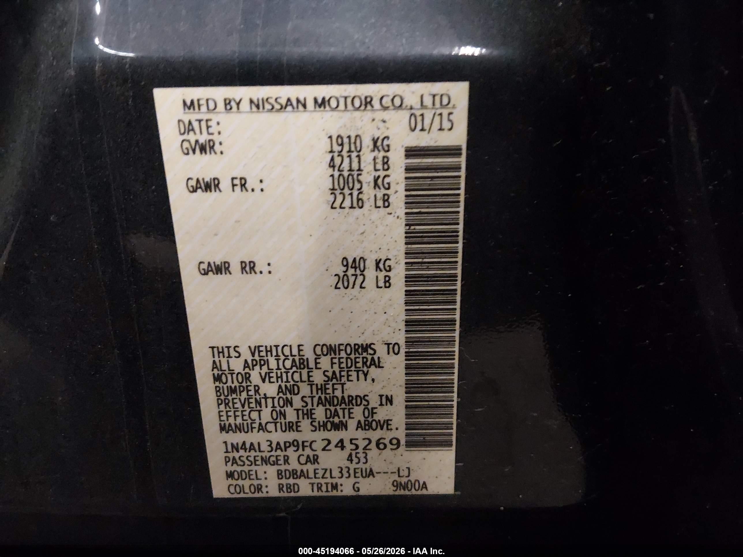 2015 Nissan Altima 2.5 S Dark Blue vin: 1N4AL3AP9FC245269