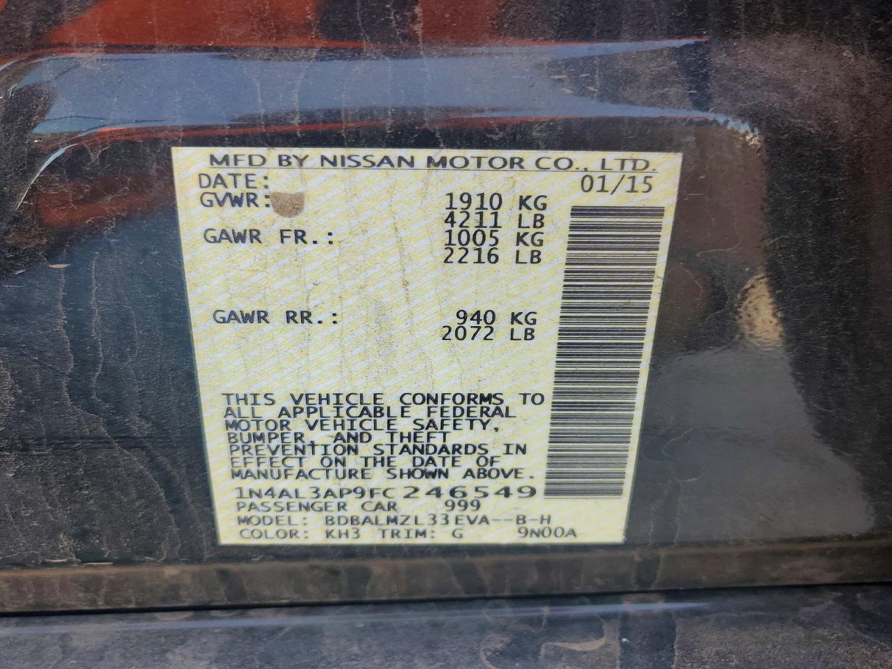 2015 Nissan Altima 2.5 Sv Black vin: 1N4AL3AP9FC246549