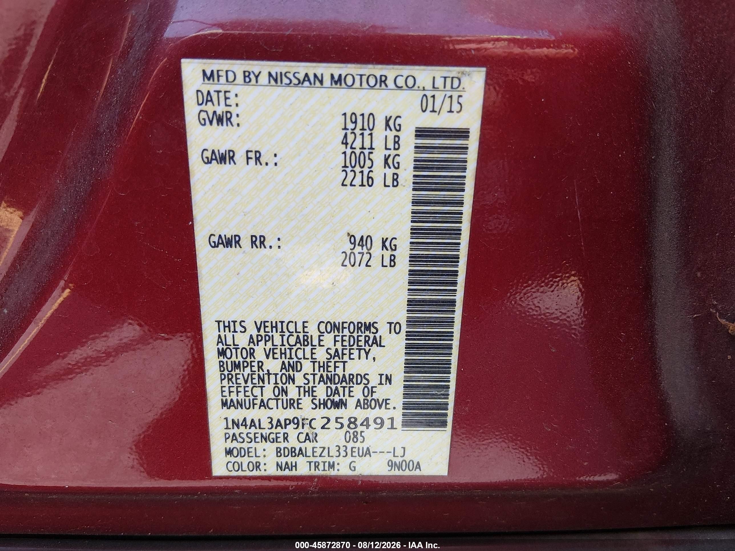 2015 Nissan Altima 2.5 S Red vin: 1N4AL3AP9FC258491
