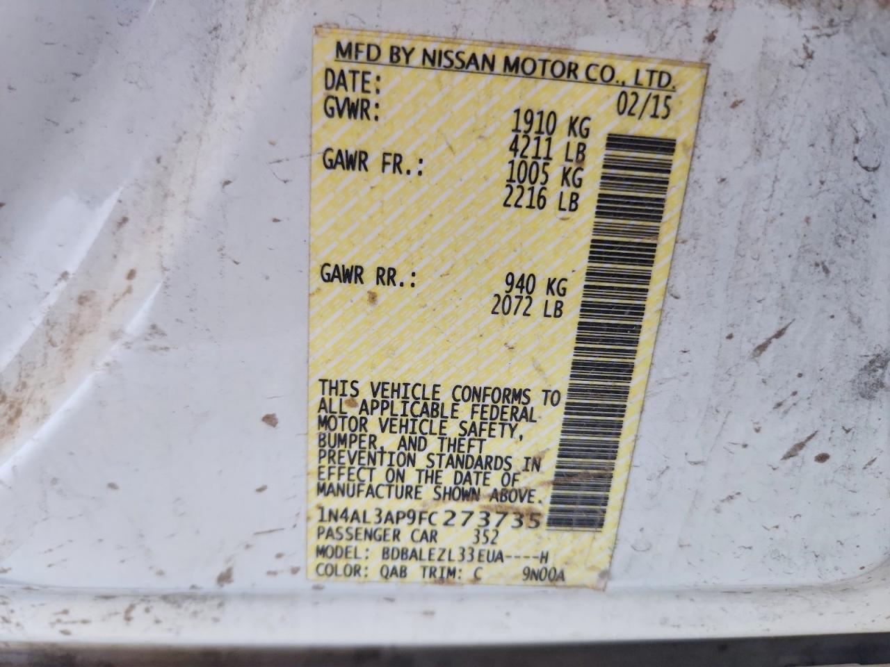 2015 Nissan Altima 2.5 S Белый vin: 1N4AL3AP9FC273735