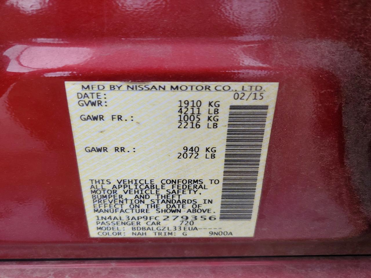 2015 Nissan Altima 2.5 S Burgundy vin: 1N4AL3AP9FC279356