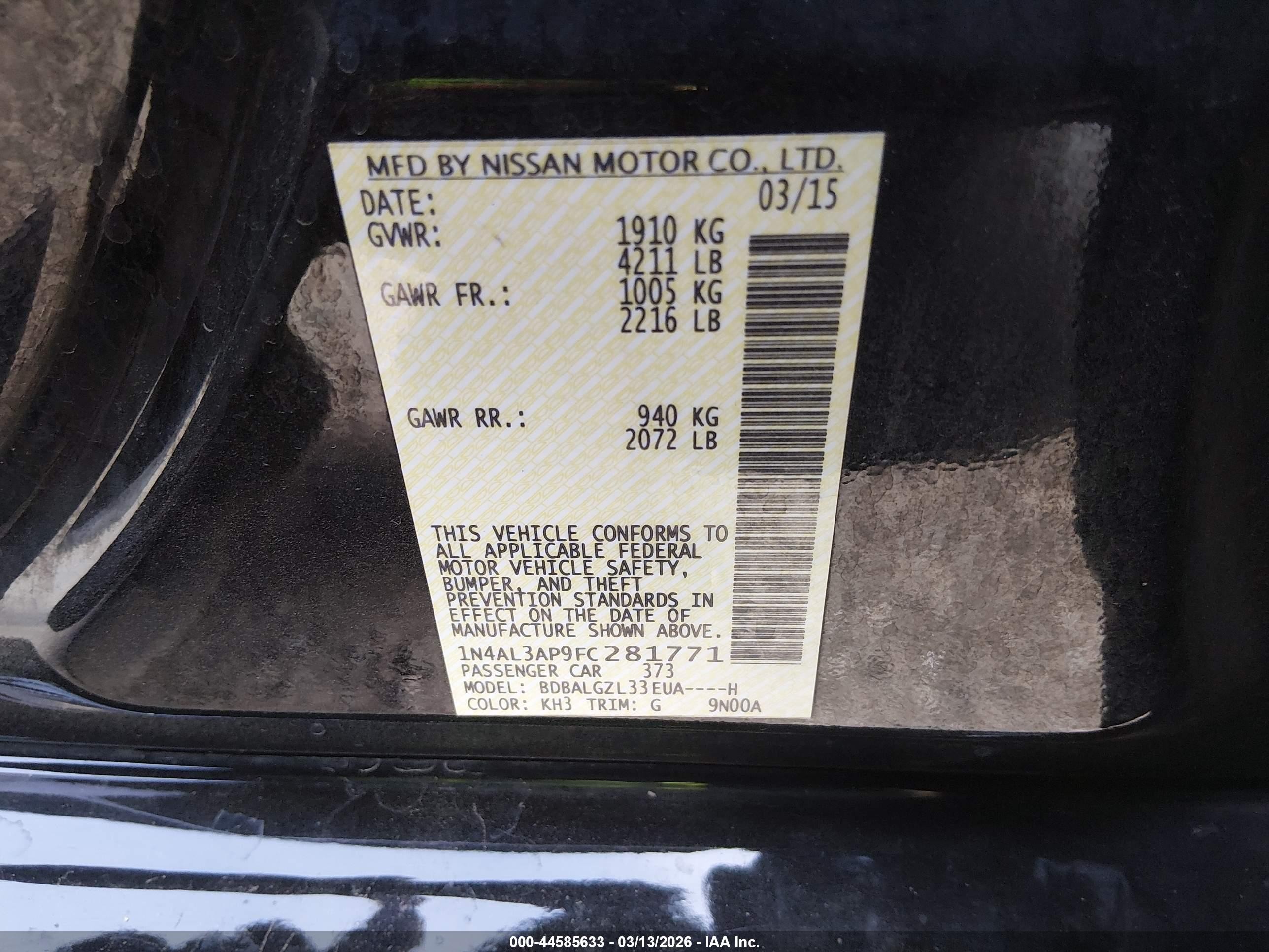 2015 Nissan Altima 2.5 S Black vin: 1N4AL3AP9FC281771
