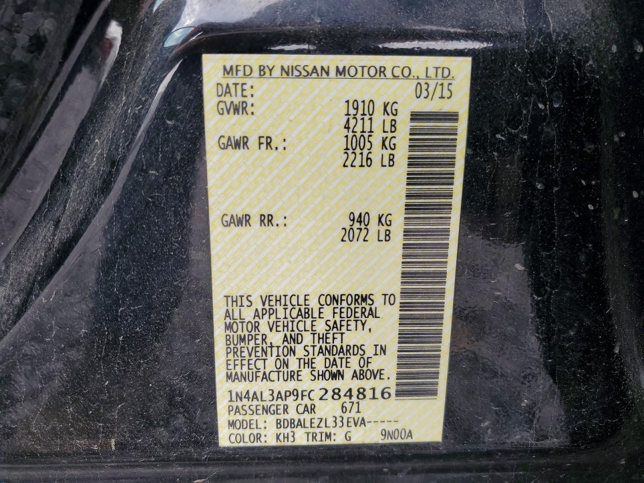 2015 Nissan Altima 2.5 S Black vin: 1N4AL3AP9FC284816