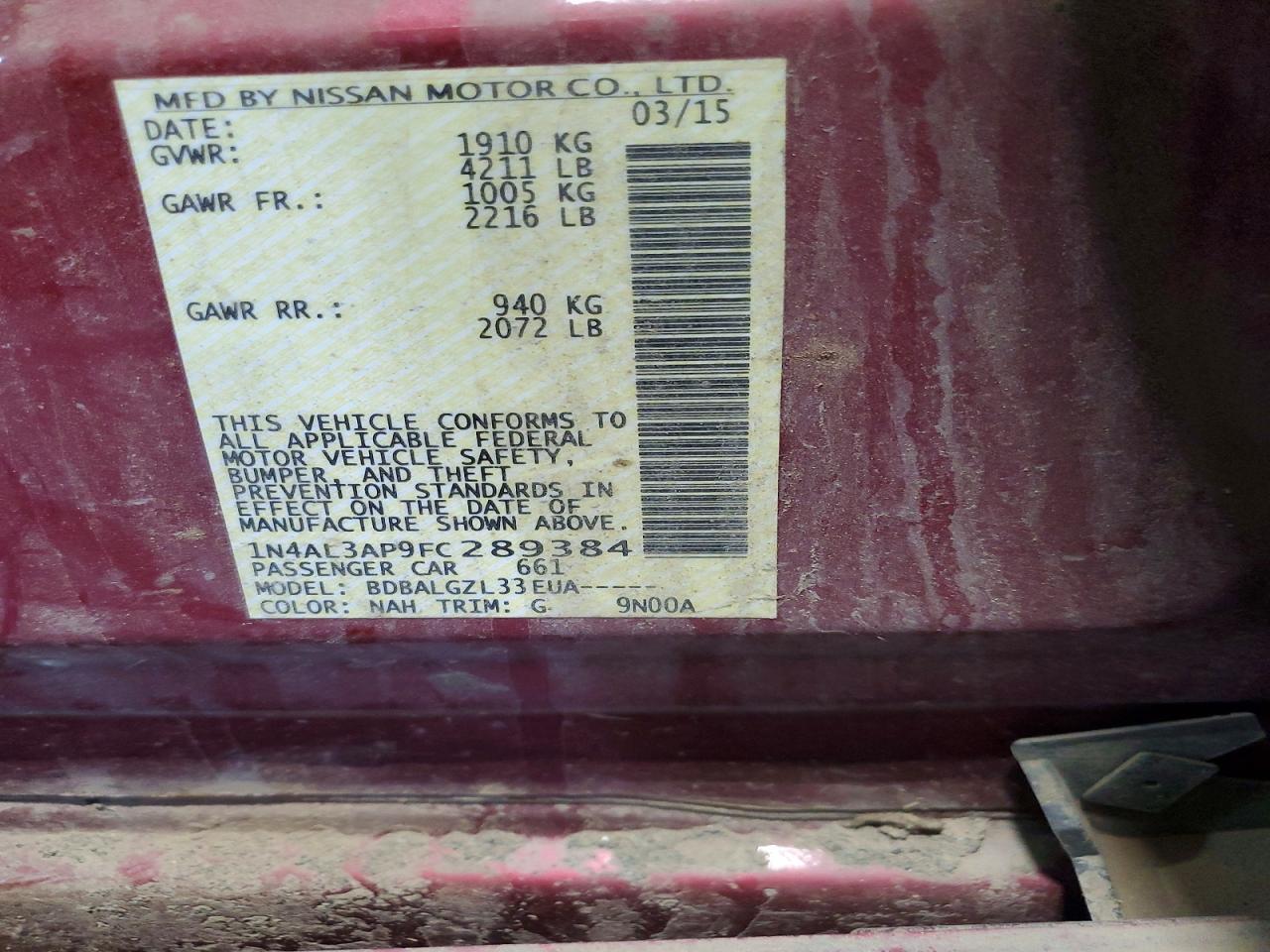 2015 Nissan Altima 2.5 S Burgundy vin: 1N4AL3AP9FC289384