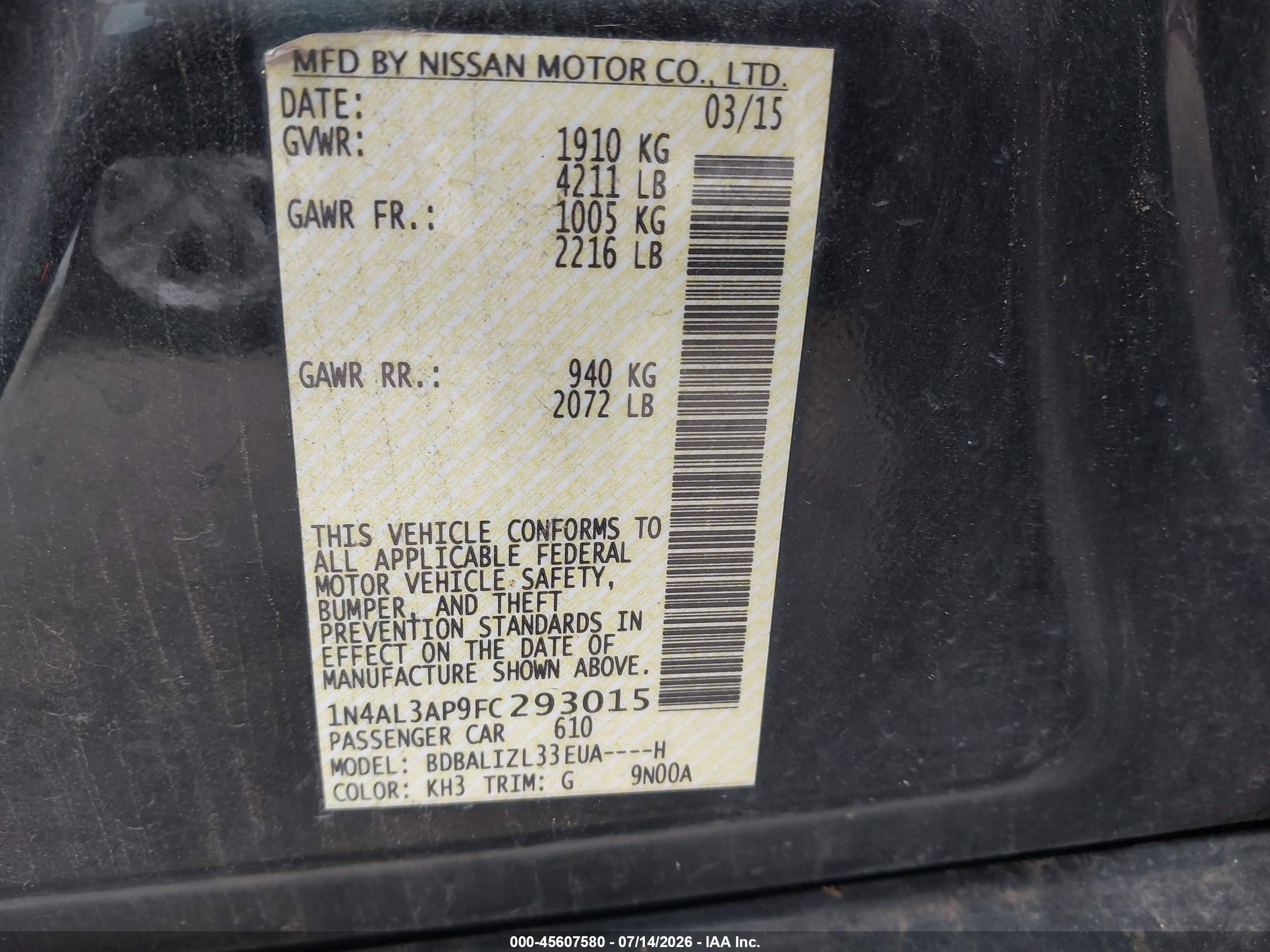 2015 Nissan Altima 2.5 Sv Black vin: 1N4AL3AP9FC293015