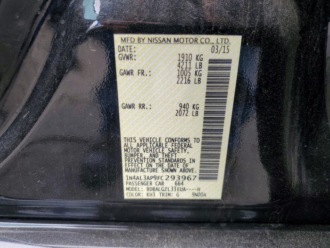 2015 Nissan Altima Black vin: 1N4AL3AP9FC293967