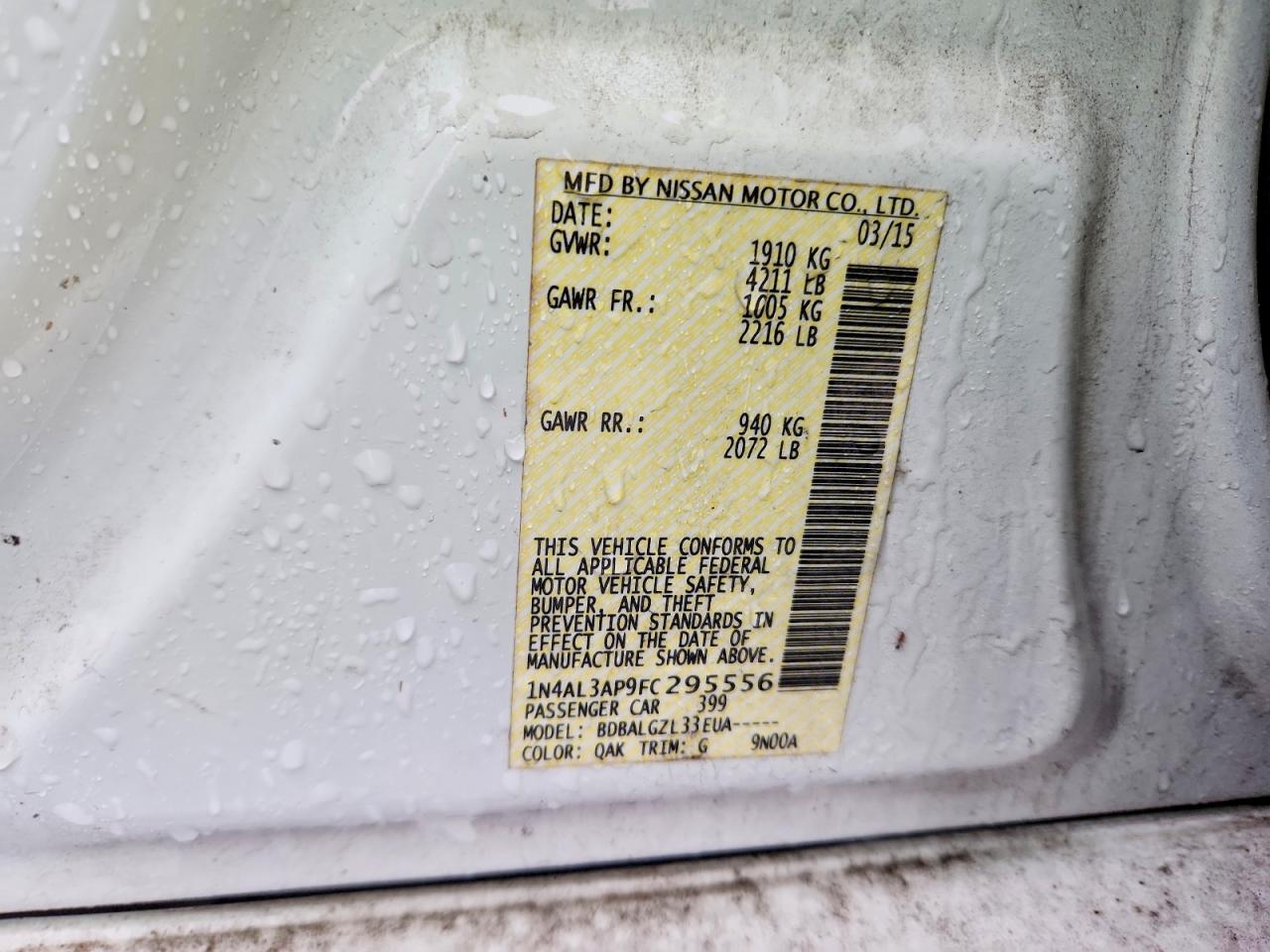 2015 Nissan Altima 2.5 S White vin: 1N4AL3AP9FC295556