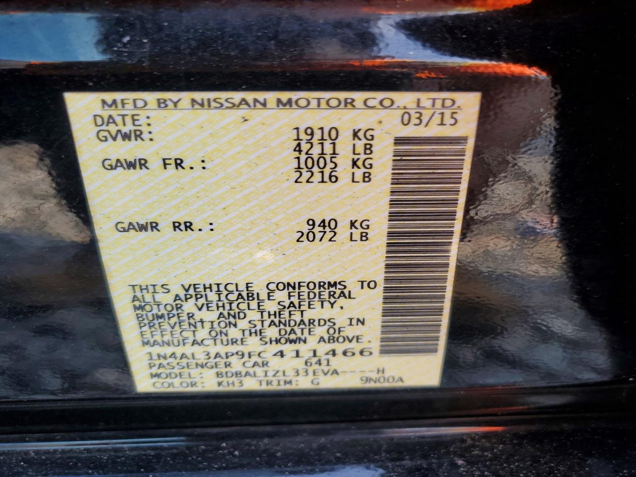 2015 Nissan Altima 2.5 Sv Черный vin: 1N4AL3AP9FC411466