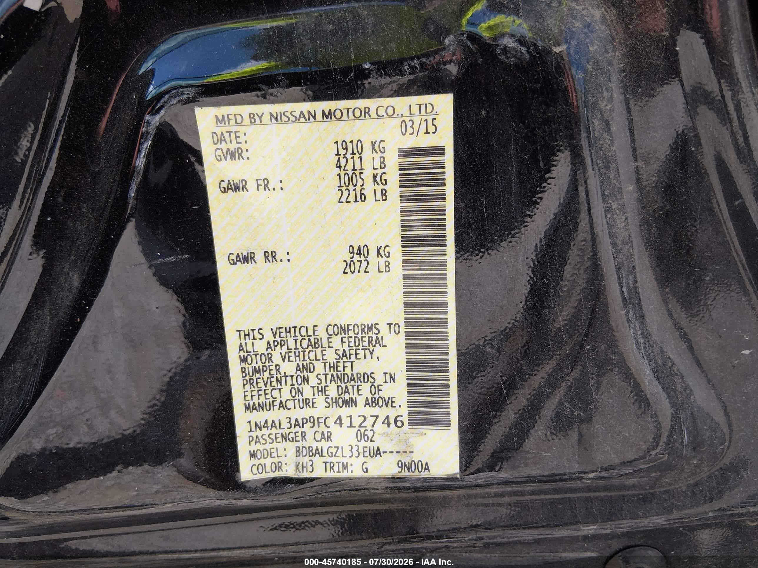 2015 Nissan Altima 2.5 S Black vin: 1N4AL3AP9FC412746