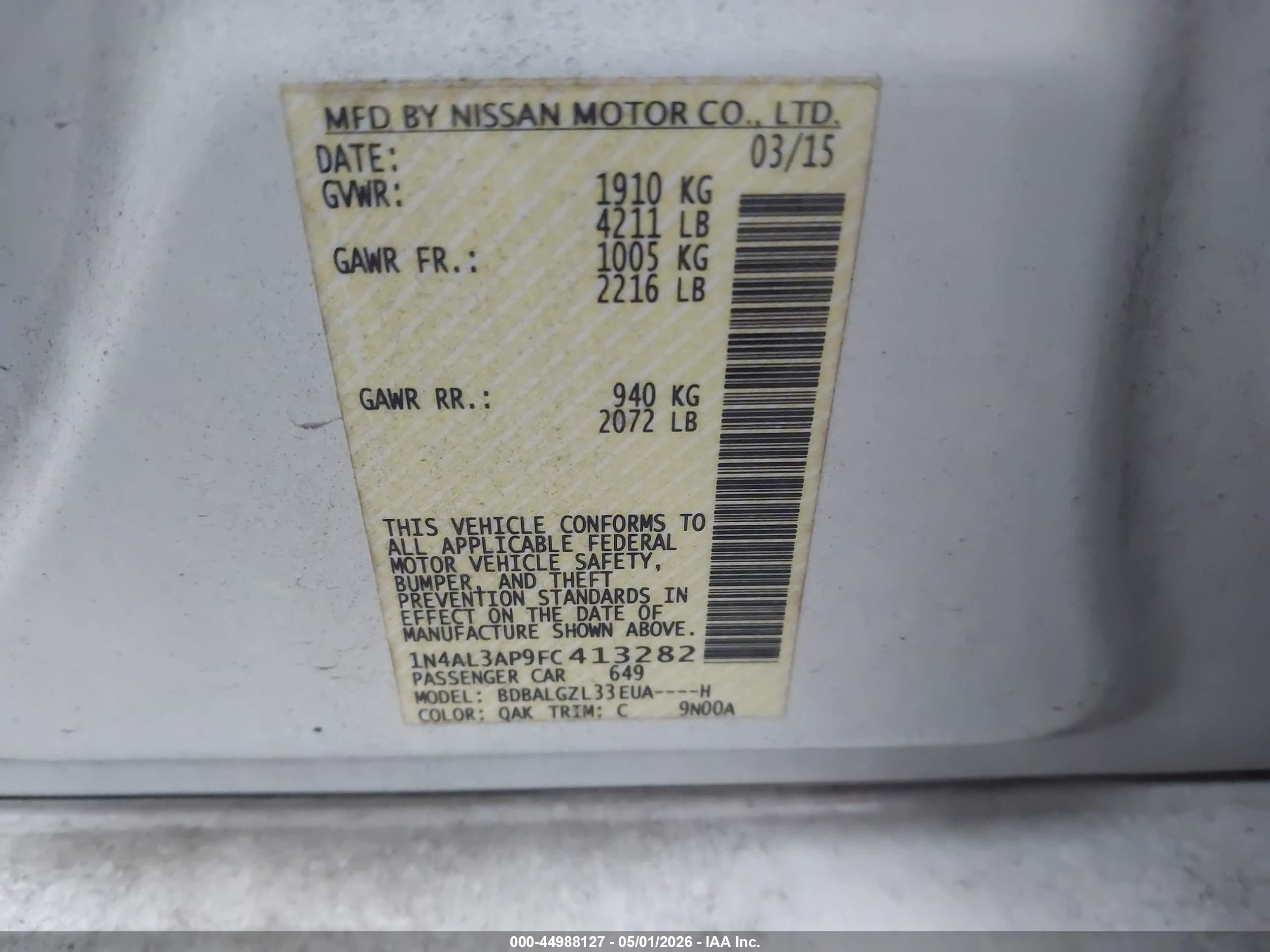2015 Nissan Altima 2.5 S White vin: 1N4AL3AP9FC413282