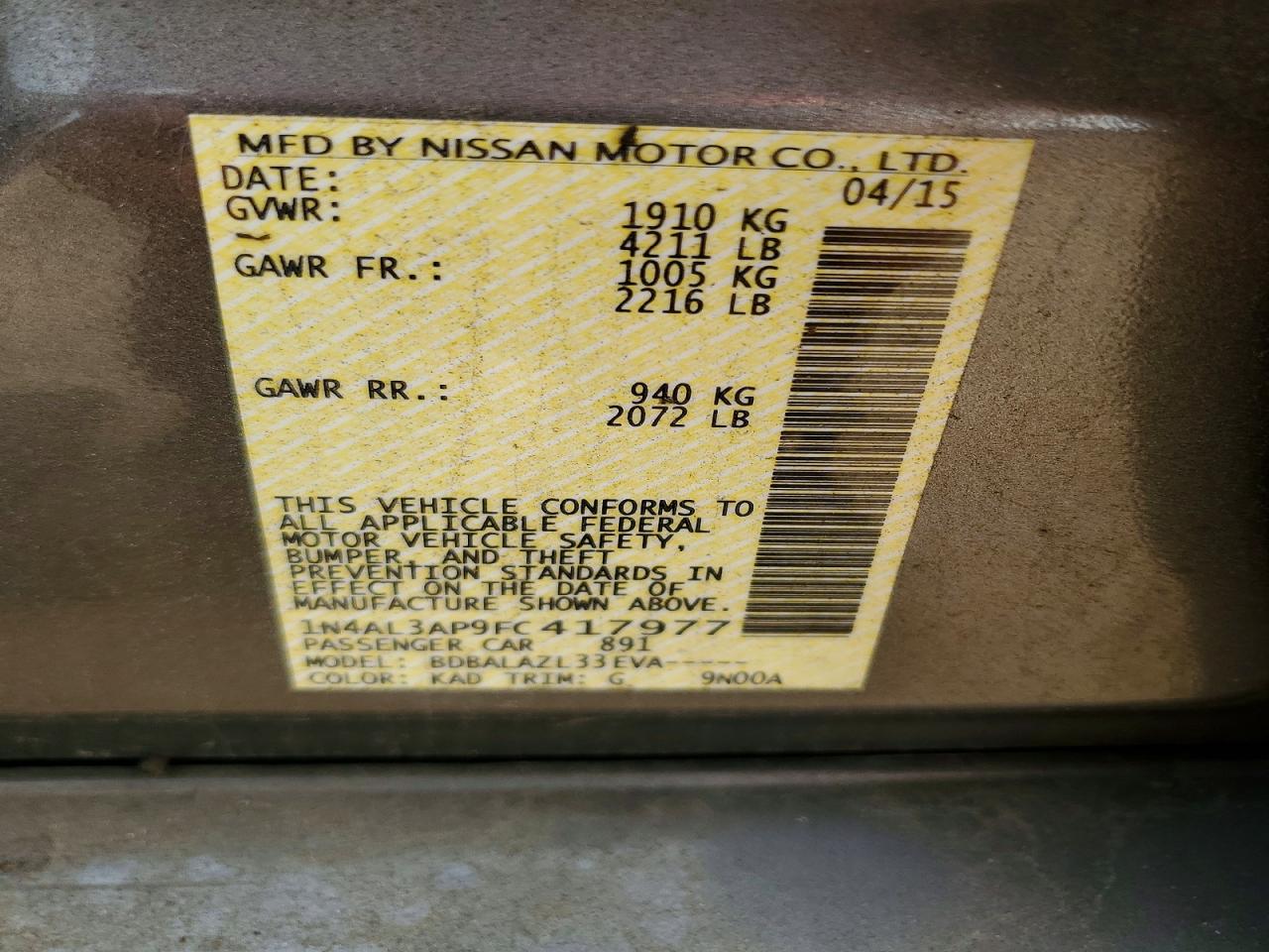 2015 Nissan Altima 2.5 Gray vin: 1N4AL3AP9FC417977