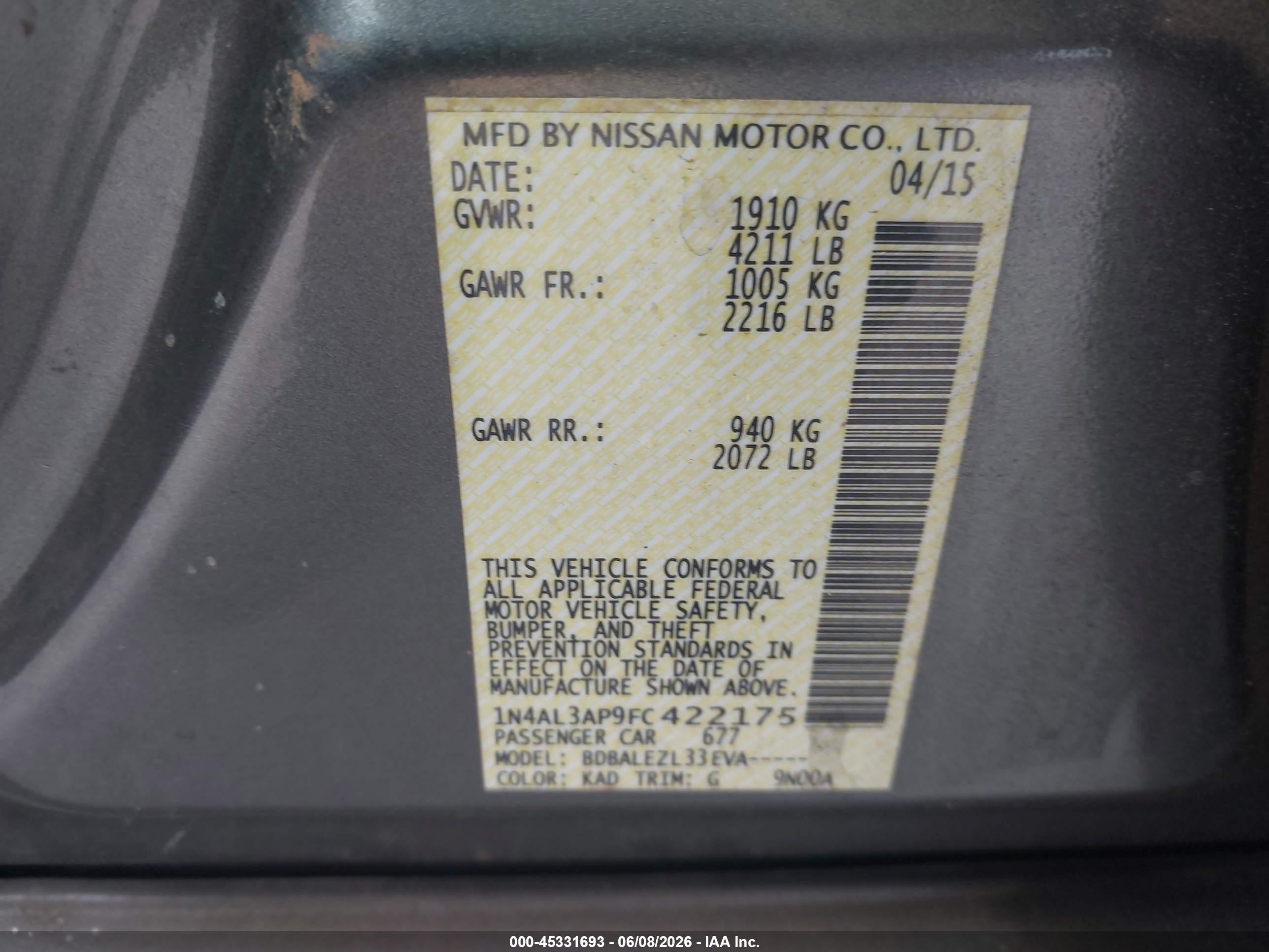 2015 Nissan Altima 2.5/2.5 S/2.5 Sl/2.5 Sv Gray vin: 1N4AL3AP9FC422175