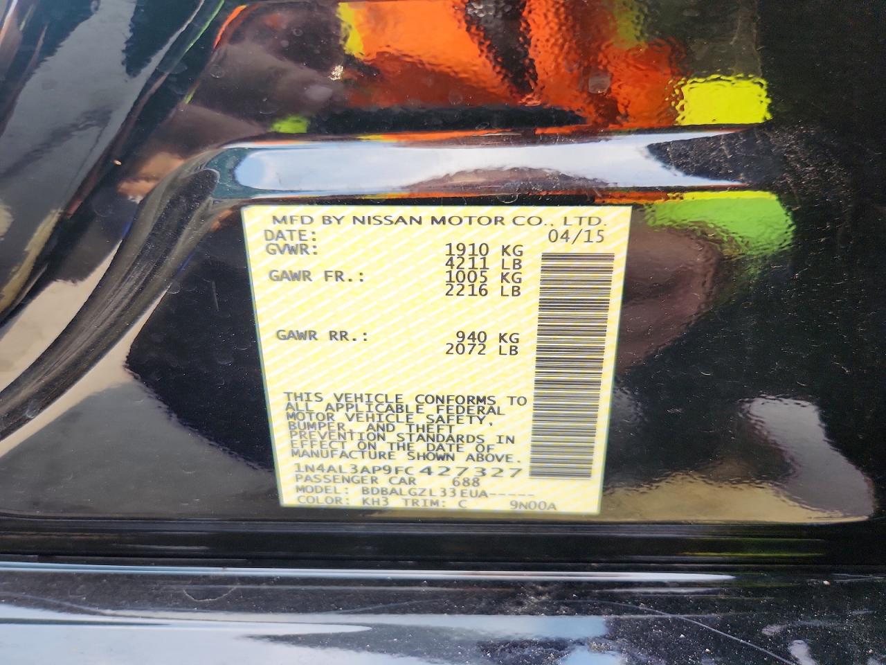 2015 Nissan Altima 2.5 S Black vin: 1N4AL3AP9FC427327