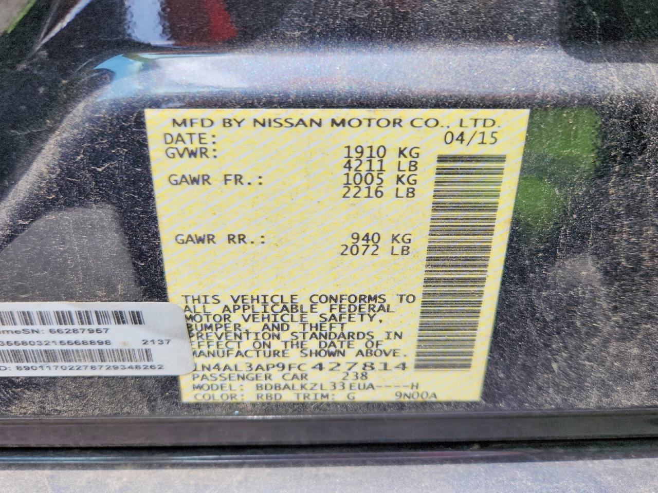 2015 Nissan Altima 2.5 Sv Gray vin: 1N4AL3AP9FC427814